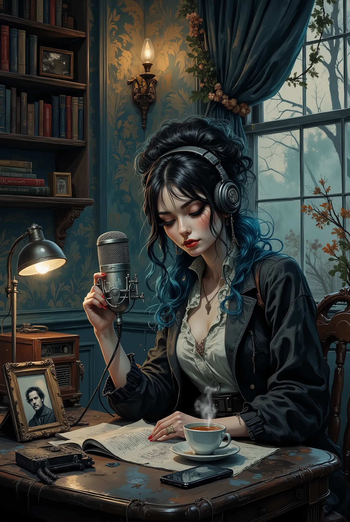 A young woman in professional headphones is the host of a podcast, with long black curly hair and blue highlights, part of her hair is gathered in a careless fluffy bun. Her lips were luscious red, and her eyelashes were lush and false. She looks charismat...