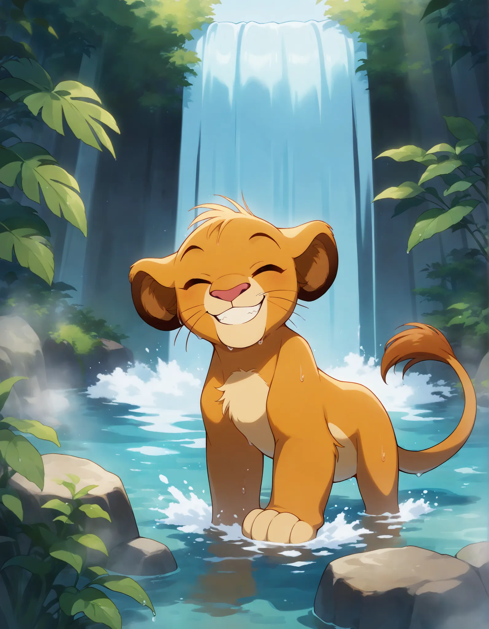 solo, cubsimba, smile,  facing viewer, bathing under a waterfall, wet, waterfall, detailed background