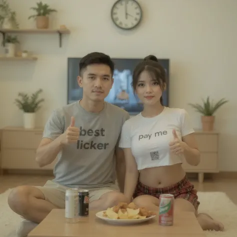 An Indonesian couple is sitting casually on a soft cream floor rug in a cozy minimalist living room. The Indonesian man is wearing a gray T-shirt with the words “Best Licker” and beige shorts. The woman has straight black hair tied in a ponytail with soft ...