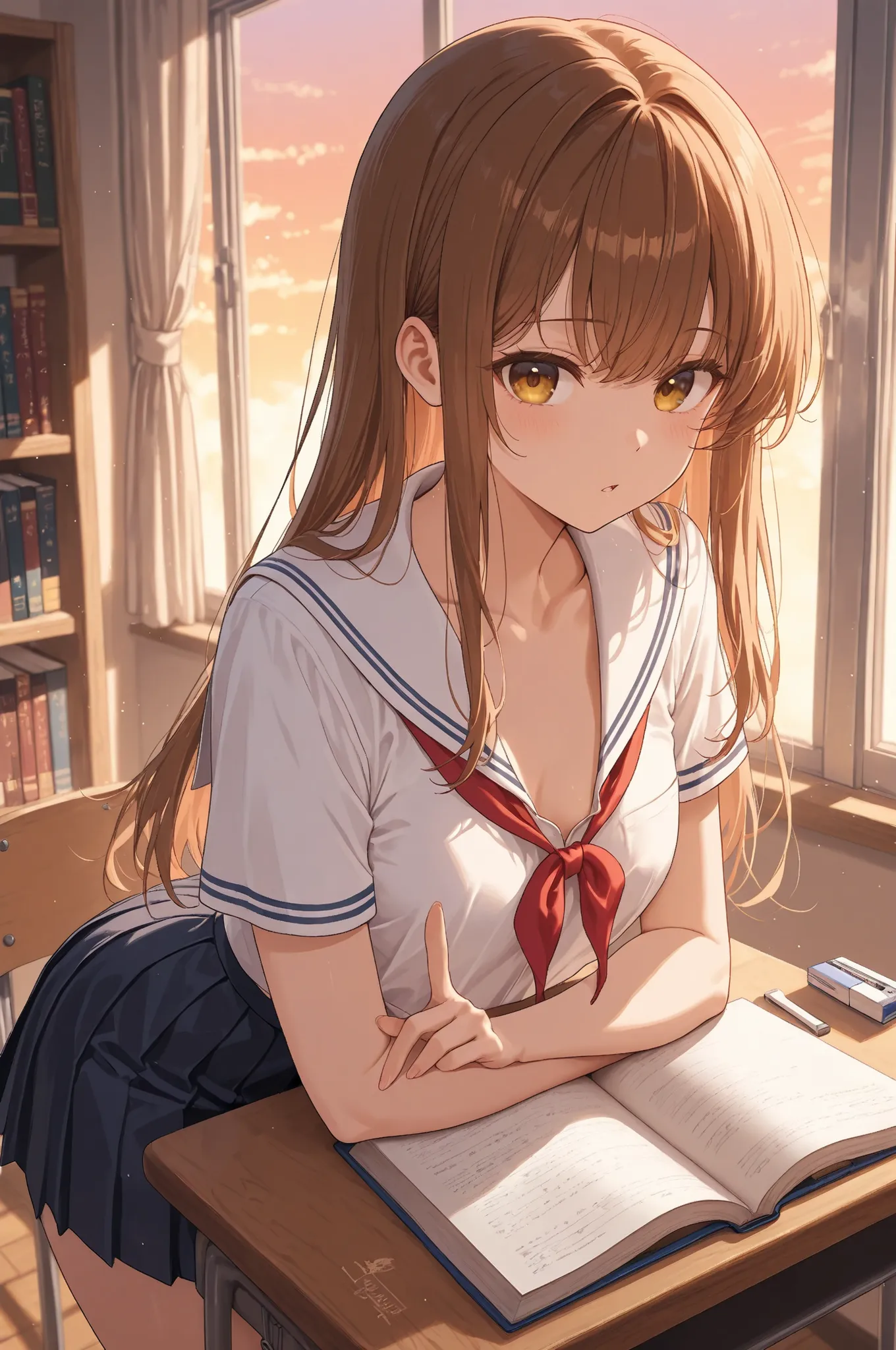 By the library window after school、A brown-haired 20-year-old girlfriend wearing a white sailor collar blouse with open chest and a navy blue pleated miniskirt、peek into the book with her elbow on the wooden desk。the slanted sunset illuminates the bookshel...