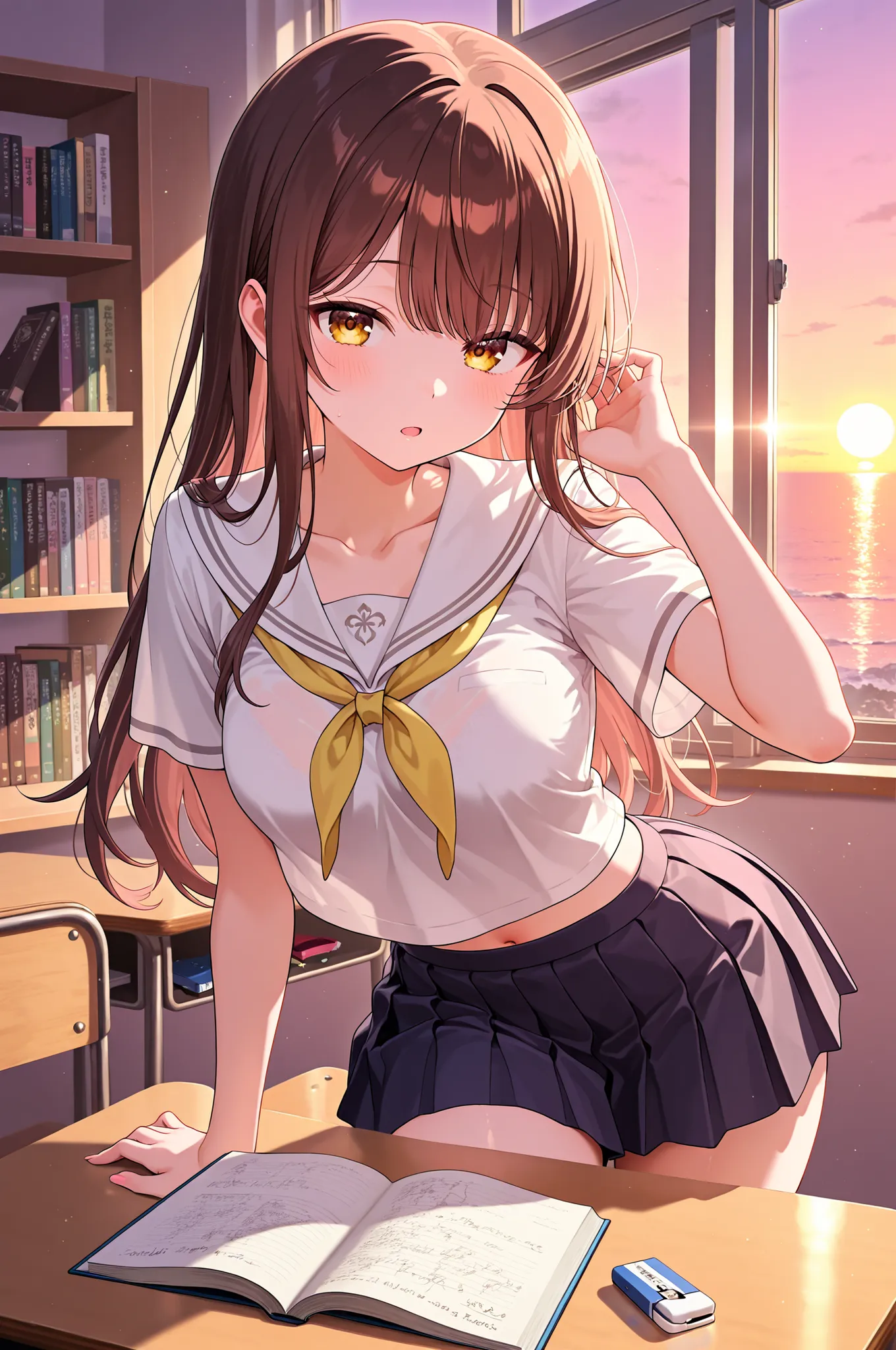 By the library window after school、A 20-year-old girlfriend with long brown hair wearing a white sailor collar blouse with visible chest and a navy blue pleated miniskirt、peek into the book with her elbow on the wooden desk。the slanted sunset illuminates t...