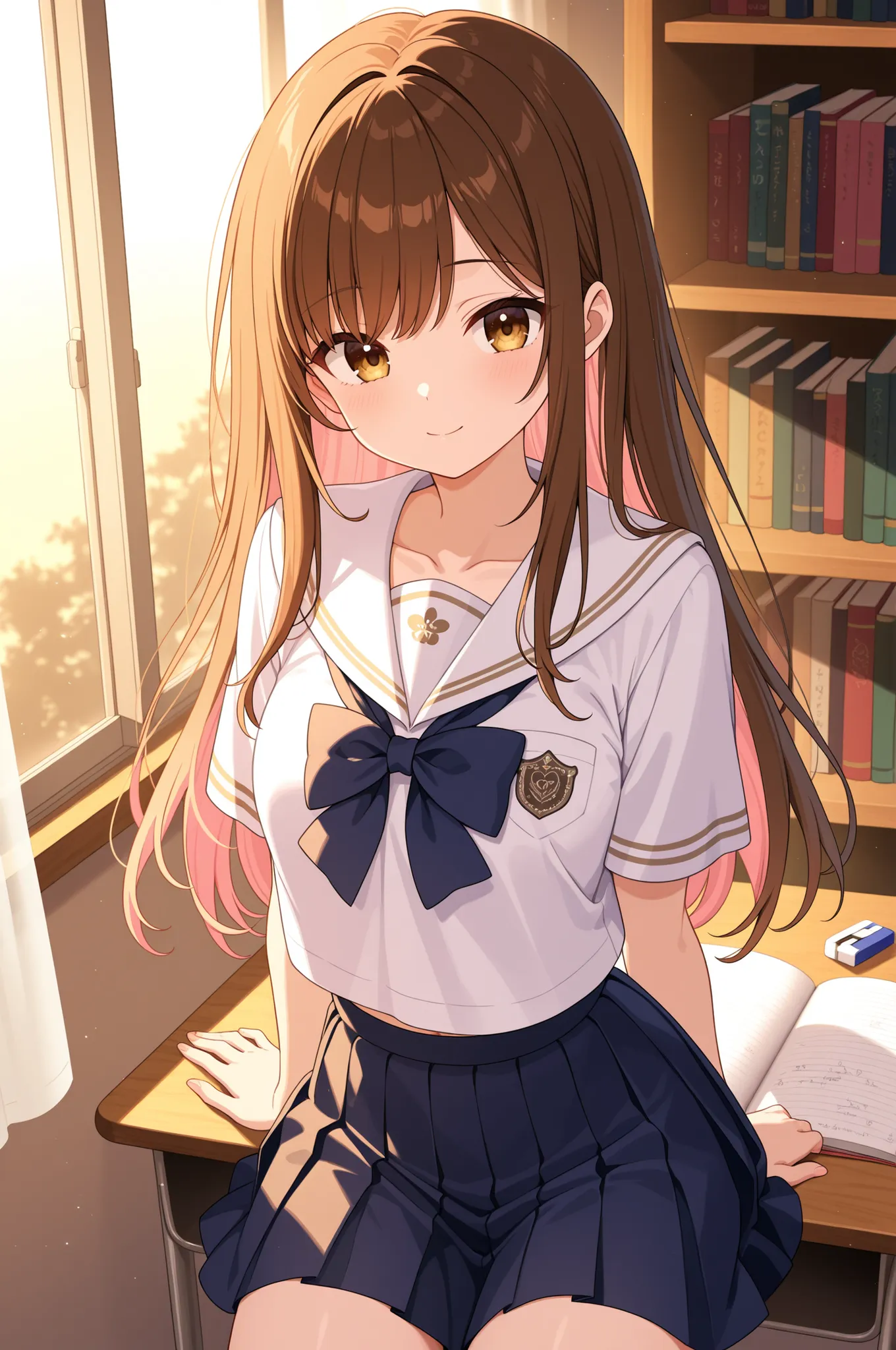 By the library window after school、A 20-year-old girlfriend with long brown hair wearing a white sailor collar blouse with visible chest and a navy blue pleated miniskirt、peek into the book with her elbow on the wooden desk。the slanted sunset illuminates t...
