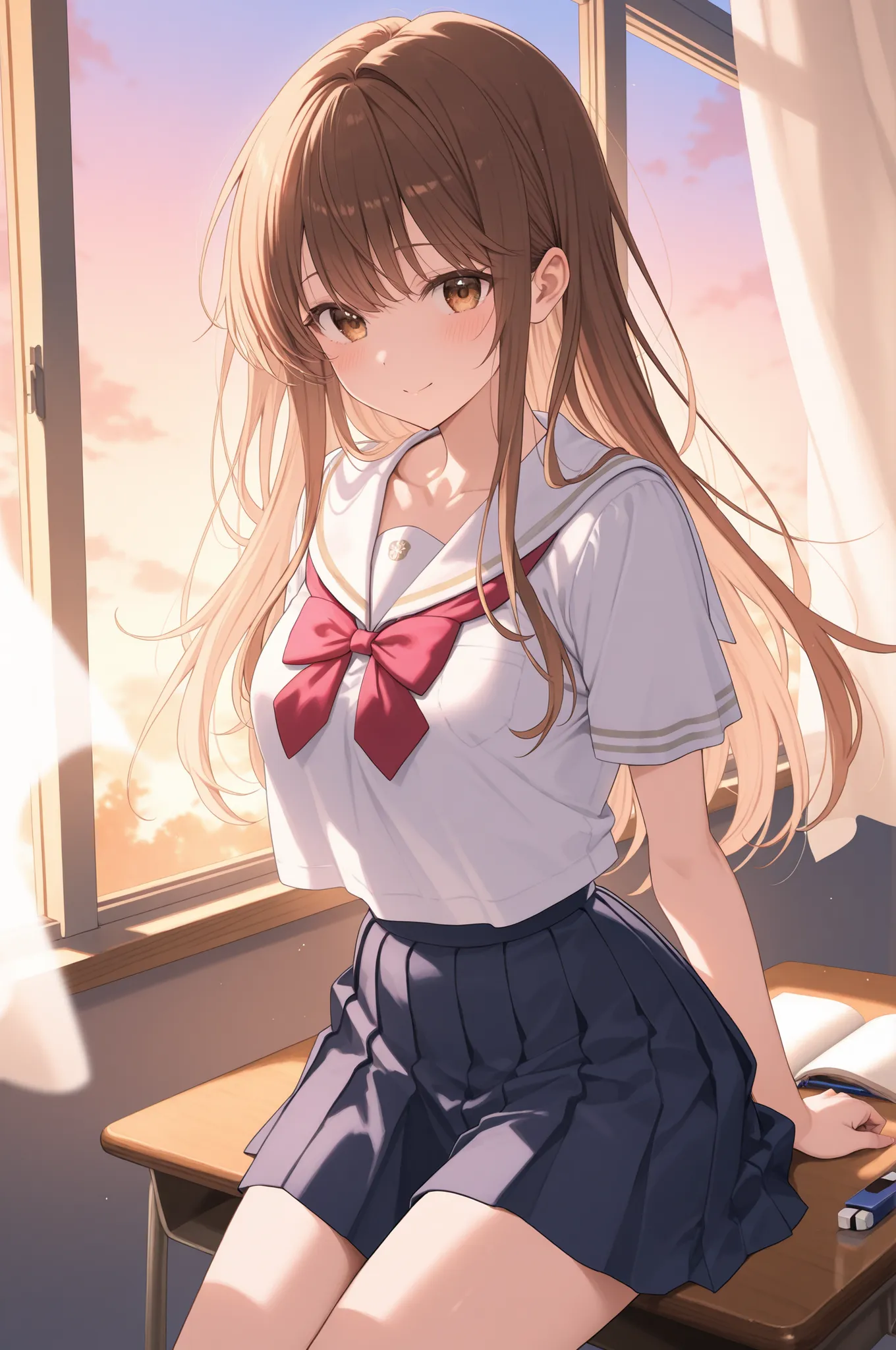 By the library window after school、A 20-year-old girlfriend with long brown hair wearing a white sailor collar blouse with visible chest and a navy blue pleated miniskirt、peek into the book with her elbow on the wooden desk。the slanted sunset illuminates t...