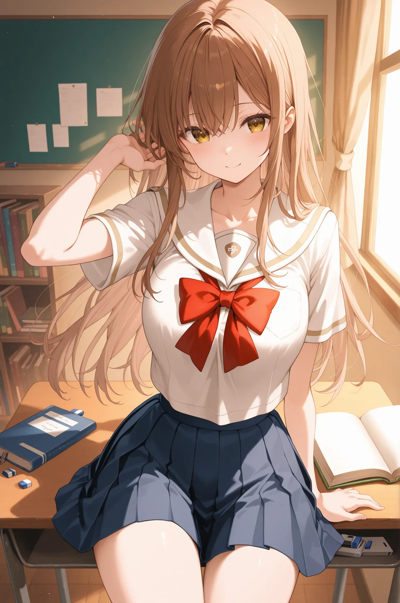 By the library window after school、A 20-year-old girlfriend with long brown hair wearing a white sailor collar blouse with visible chest and a navy blue pleated miniskirt、peek into the book with her elbow on the wooden desk。the slanted sunset illuminates t...