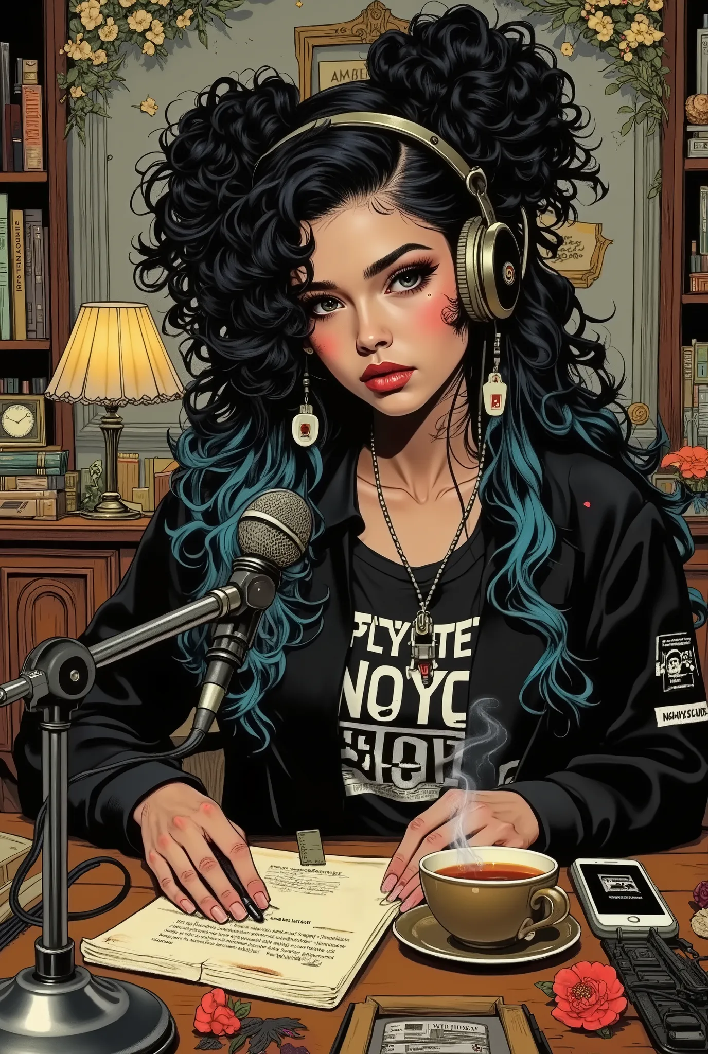A young woman in professional headphones is the host of a podcast, with long black curly hair and blue highlights, part of her hair is gathered in a careless fluffy bun. Her lips were luscious red, and her eyelashes were lush and false. She looks charismat...