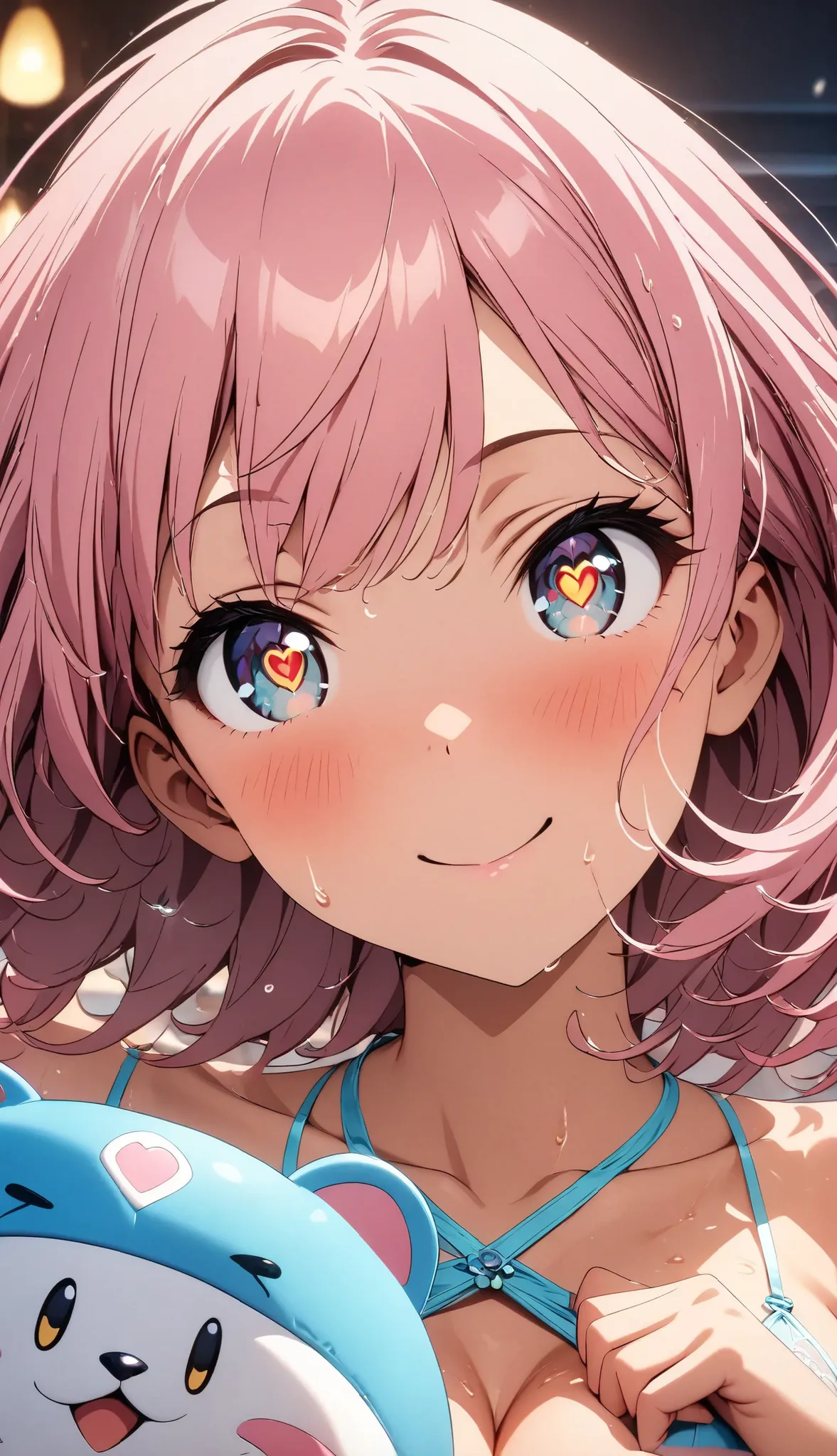 Feeling ashamed smile Yan、blue car retail metallic gradation pink hair 、 mascot、 My heart is full、 It lifts the composition above  、Bloodshot eyes、( masterpiece:1.3),    dynamic pose （短いMy hairのパン:1.HINNY SKIN,  delicate depiction,the feeling of wet skin  ...