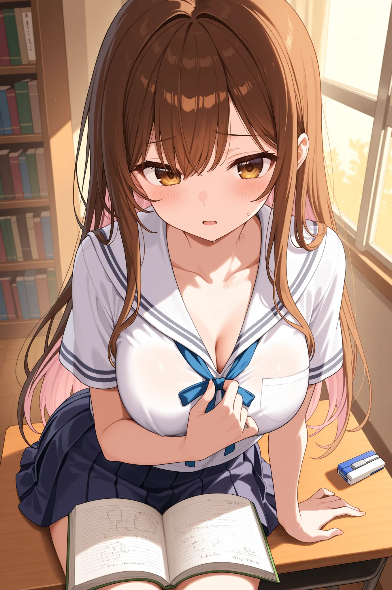 By the library window after school、A 20-year-old girlfriend with long brown hair wearing a white sailor collar blouse with visible chest and a navy blue pleated miniskirt、peek into the book with her elbow on the wooden desk。the slanted sunset illuminates t...