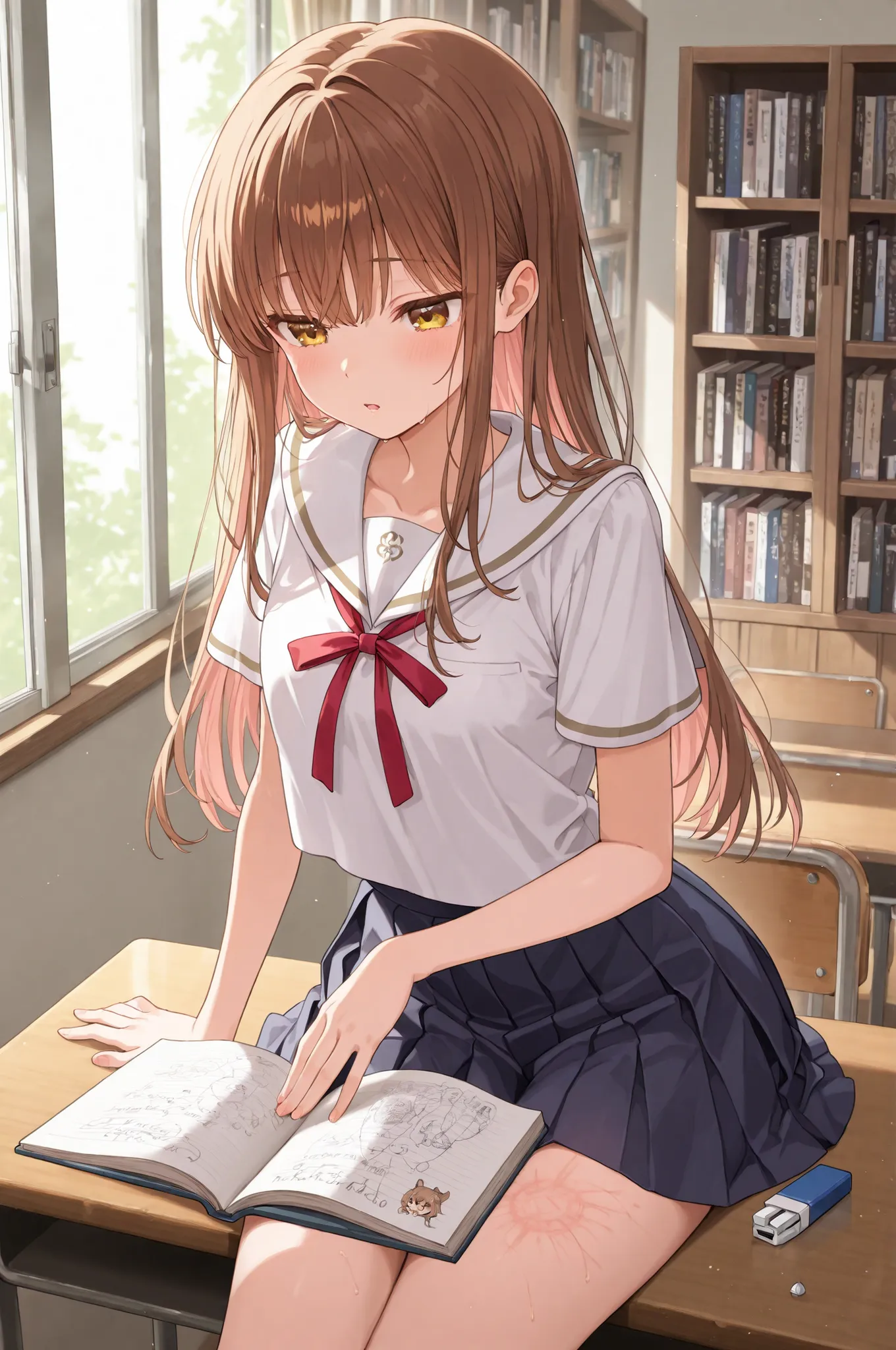 By the library window after school、A 20-year-old girlfriend with long brown hair wearing a white sailor collar blouse with visible chest and a navy blue pleated miniskirt、peek into the book with her elbow on the wooden desk。the slanted sunset illuminates t...