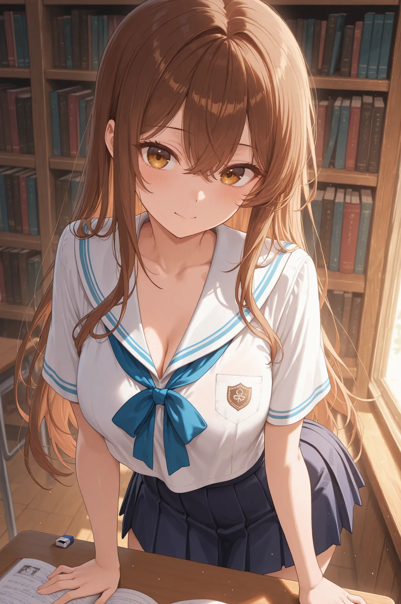 By the library window after school、A 20-year-old girlfriend with long brown hair wearing a white sailor collar blouse with visible chest and a navy blue pleated miniskirt、peek into the book with her elbow on the wooden desk。the slanted sunset illuminates t...