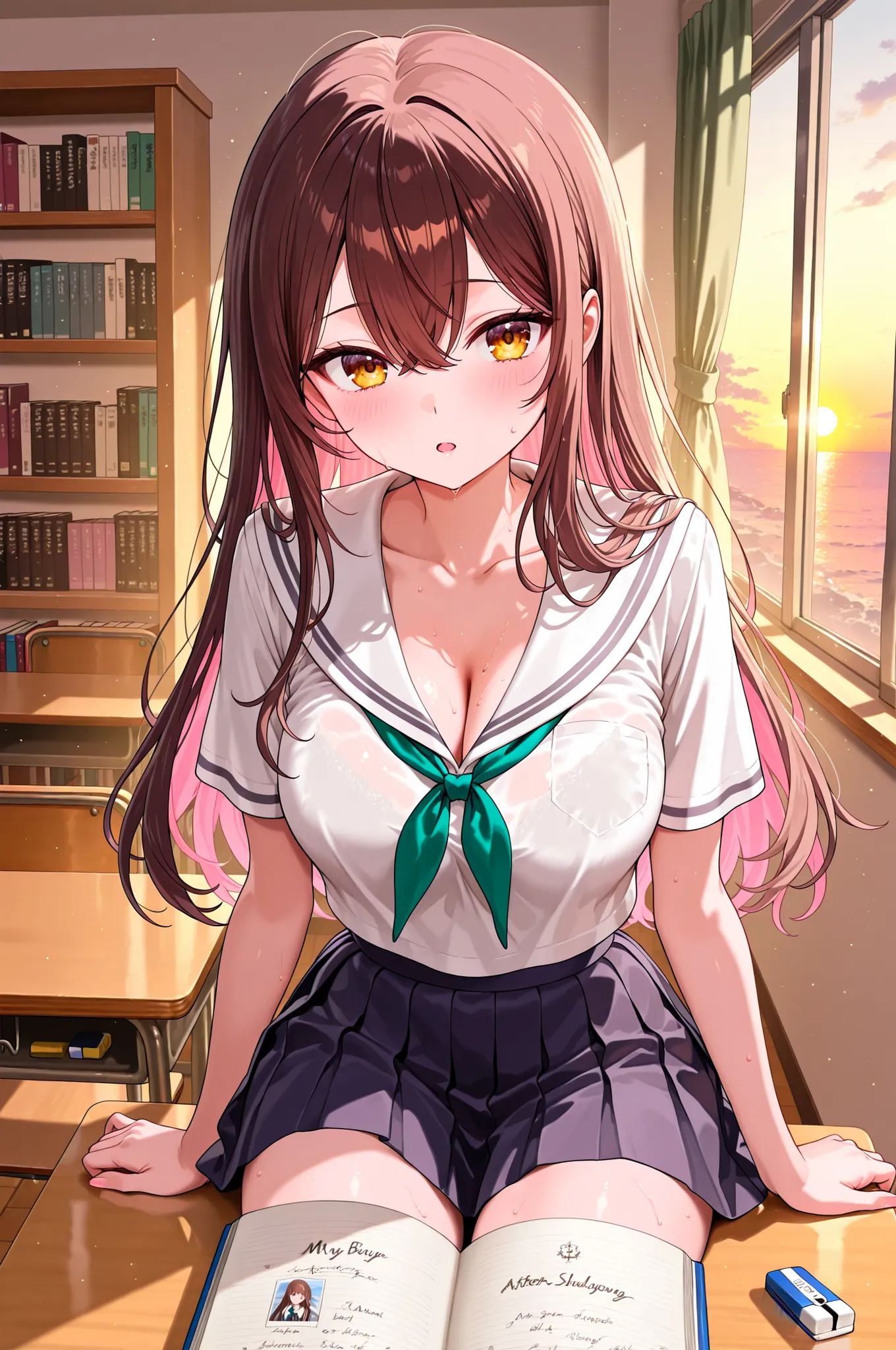 By the library window after school、A 20-year-old girlfriend with long brown hair wearing a white sailor collar blouse with visible chest and a navy blue pleated miniskirt、peek into the book with her elbow on the wooden desk。the slanted sunset illuminates t...