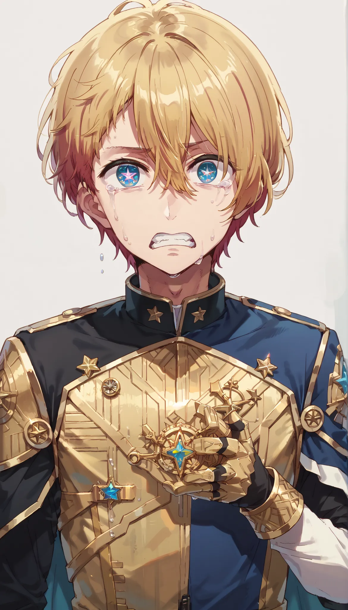 masterpiece, best quality, high quality, 1boy, solo, male focus, looking at viewer, upper body, hoshino_aquamarine, star-shaped_pupils, BREAK dressed in a body uniform and cape. metallic silver, with deep reds, blacks, or gold accents embodied, deadpan...