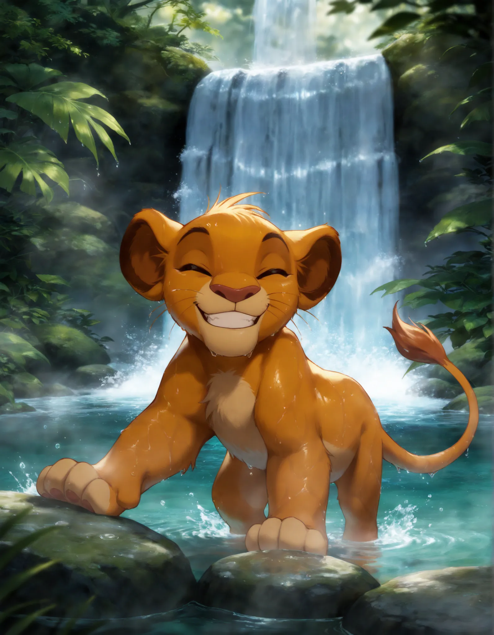 solo, cubsimba, smile, facing viewer, bathing under a waterfall, wet, waterfall, detailed background