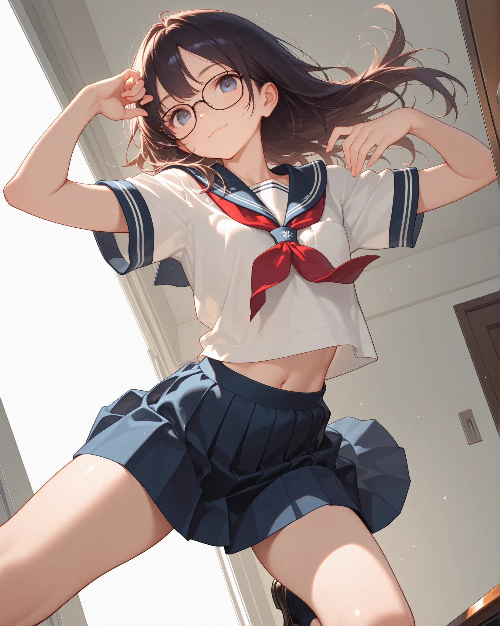 masterpiece, best quality, very aesthetic, absurdres,1girl, glasses, slim,small smile,serafuku,748cmstyle,dynamic pose, foreshortening, extreme perspective,muses_in_dark,inconsistent lighting low light realistic,
