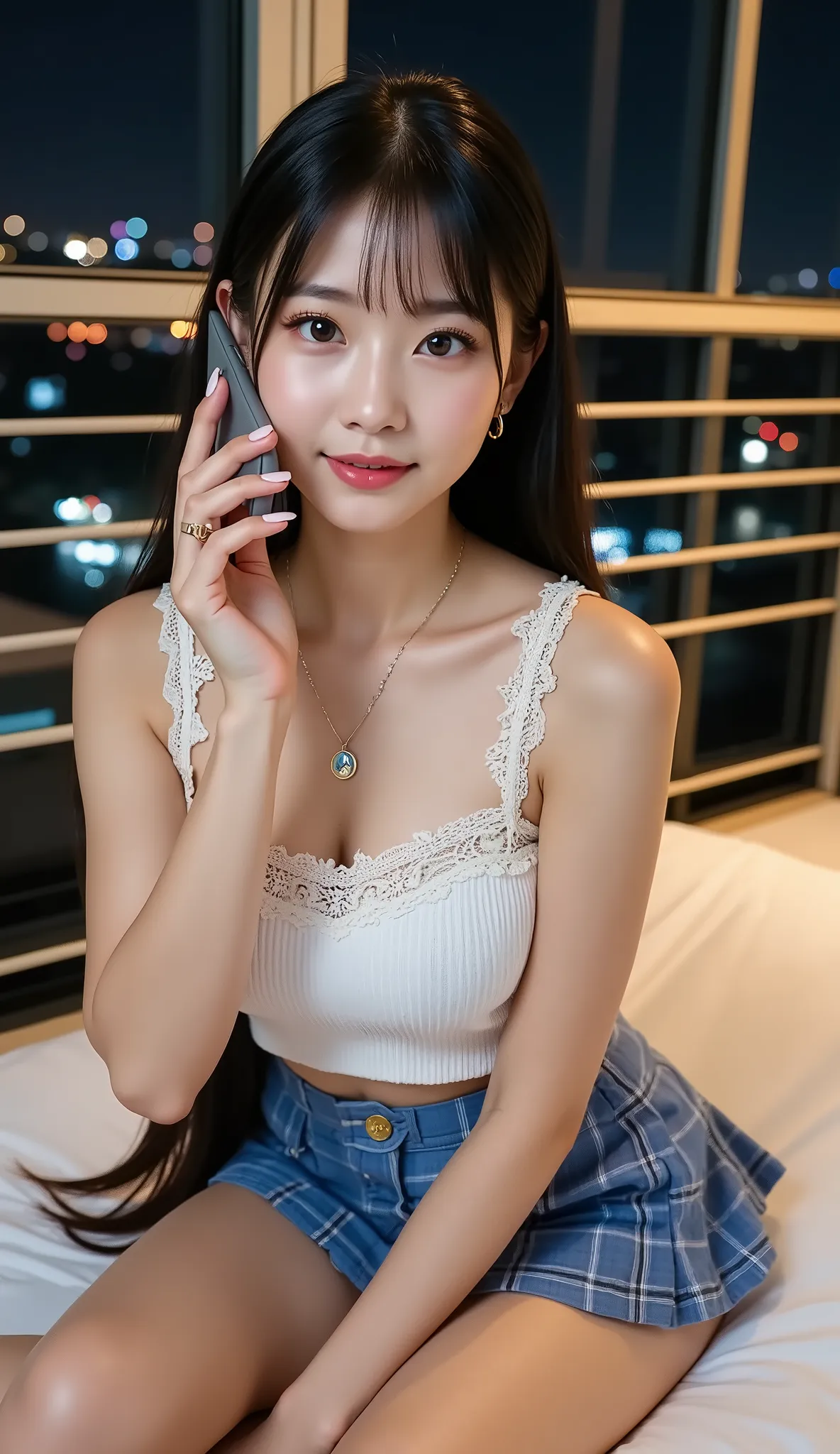((Draw the upper body:1.ung Japanese woman sitting on a hotel bed enjoying conversation、((dating))、(taken from the front of a woman:1.4)、High Floor Suite、The room has light bulb color、(City Scenery Expanding Out of the Window)、night view and streetlight、bl...