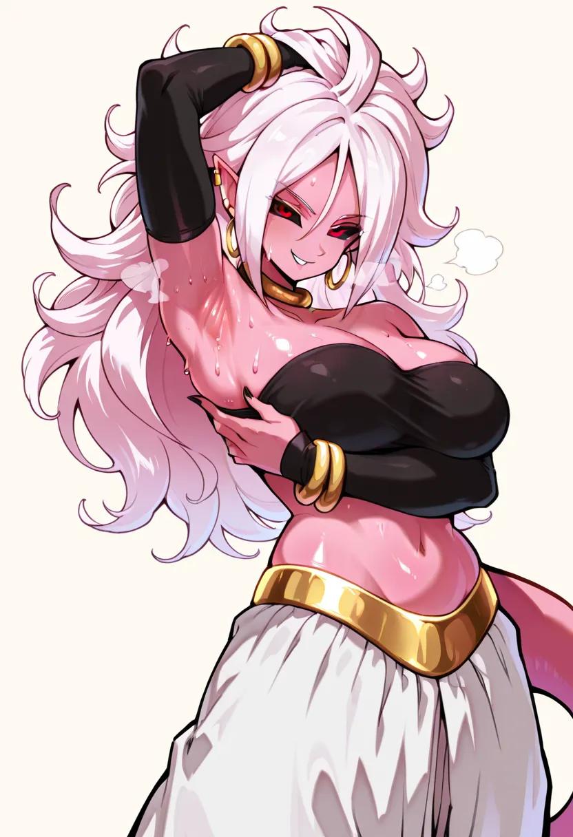Vomi, pink skin, tail, pointy ears, white hair, long hair, red eyes, black sclera, hoop earrings, earclip black sclera, hoop earrings, earclip, Gold choker, black tube top, black arm warmers, gold bracelets, midriff, gold belt, white pants, baggy pants, gold anklets,upper bodyhuge breasts, arm on head, showing armpit, sweaty armpit, sweaty, armpit closer viewer, open leg, pink armpit, white breath, arm on head, spread arrmpit, naughthy face,  spread armpit, lewd smile,