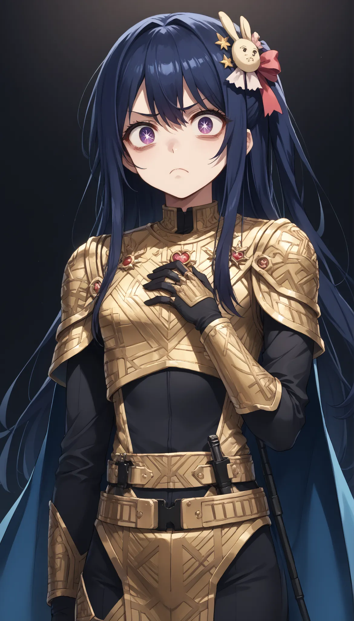 score_9, score_8_up, score_7_up,source_anime,BREAK, solo 1
hoshino_ai_oshi_no_ko, with blue hair
dressed in a body uniform and cape. metallic silver, with deep reds, blacks, or gold accents embodied, Constricted pupils, mean sly evil bored deadpan blank...
