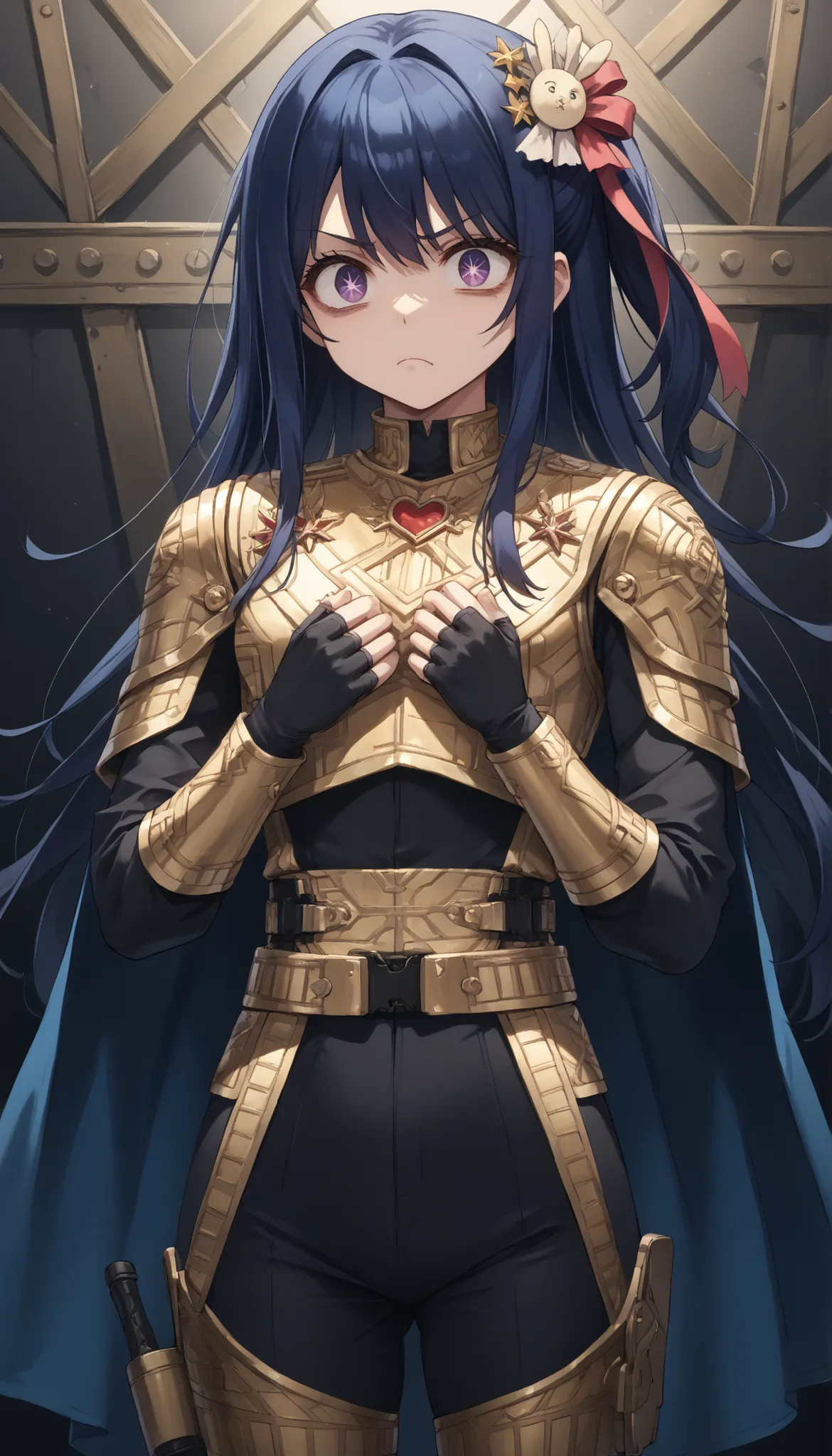 score_9, score_8_up, score_7_up,source_anime,BREAK, solo 1
hoshino_ai_oshi_no_ko, with blue hair
dressed in a body uniform and cape. metallic silver, with deep reds, blacks, or gold accents embodied, Constricted pupils, mean sly evil bored deadpan blank...
