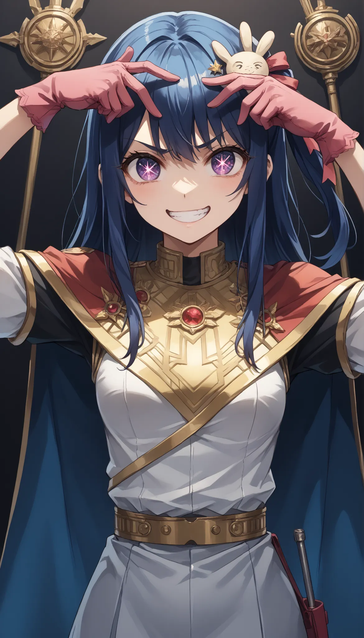 score_9, score_8_up, score_7_up,source_anime,BREAK, solo 1
hoshino_ai_oshi_no_ko, with blue hair
dressed in a body uniform and cape. metallic silver, with deep reds, blacks, or gold accents embodied disgusted sly evil smile smirk, narrow eyebrows saluti...