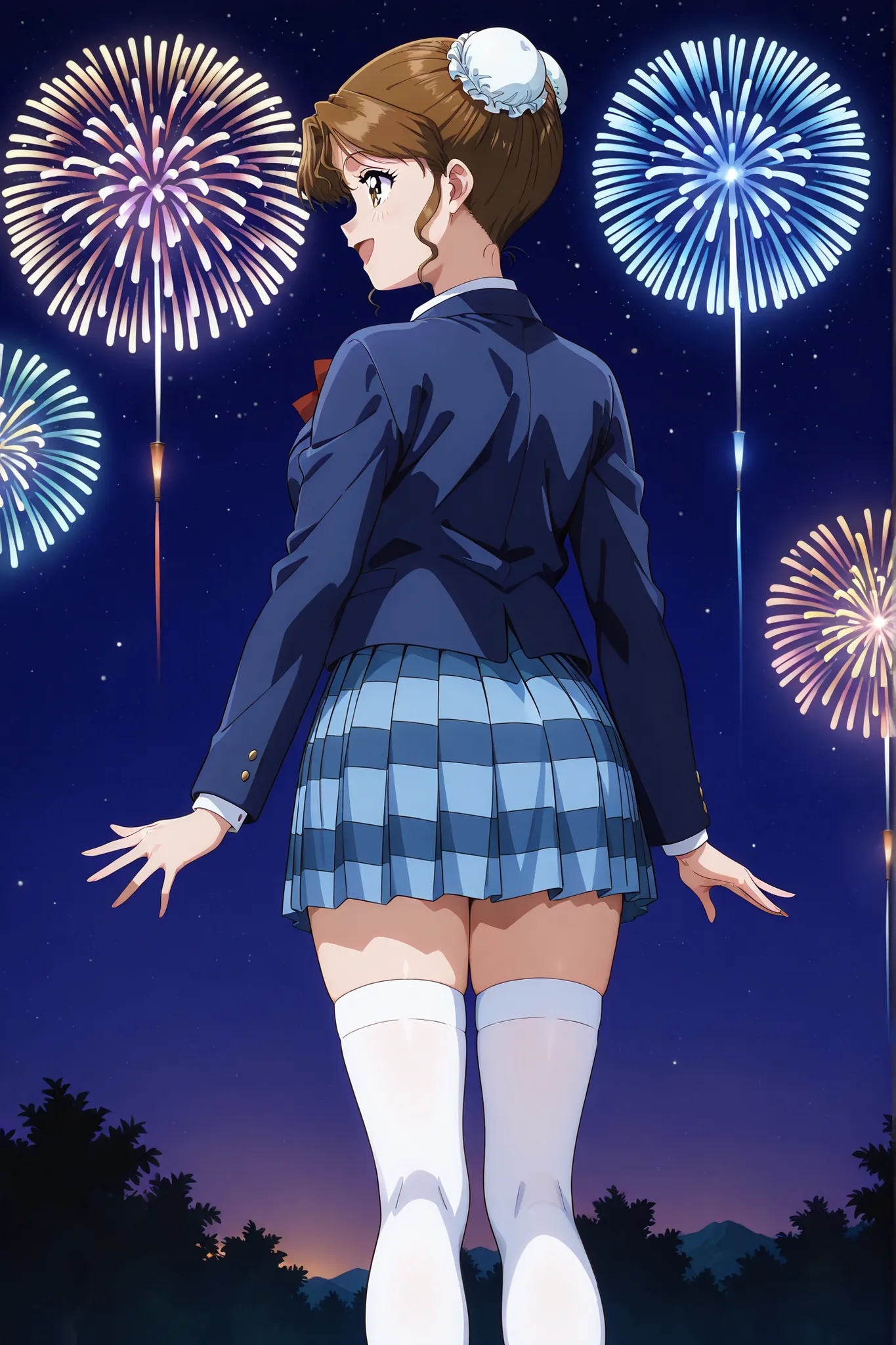 1girl,solo,masterpiece,best quality,general,sr5_akira,retro artstyle, brown eyes, brown hair, bun cover, school uniform, red bowtie, blazer, long sleeves, blue jacket, open jacket, white shirt, collared shirt, blue skirt, plaid skirt,white knee high socks,...