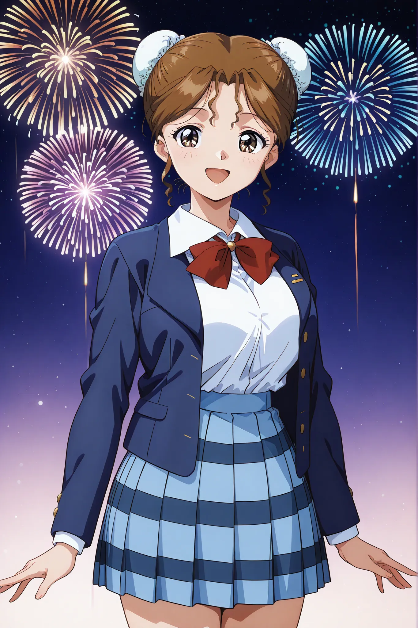 1girl,solo,masterpiece,best quality,general,sr5_akira,retro artstyle, brown eyes, brown hair, bun cover, school uniform, red bowtie, blazer, long sleeves, blue jacket, open jacket, white shirt, collared shirt, blue skirt, plaid skirt,whole body,standing,ni...