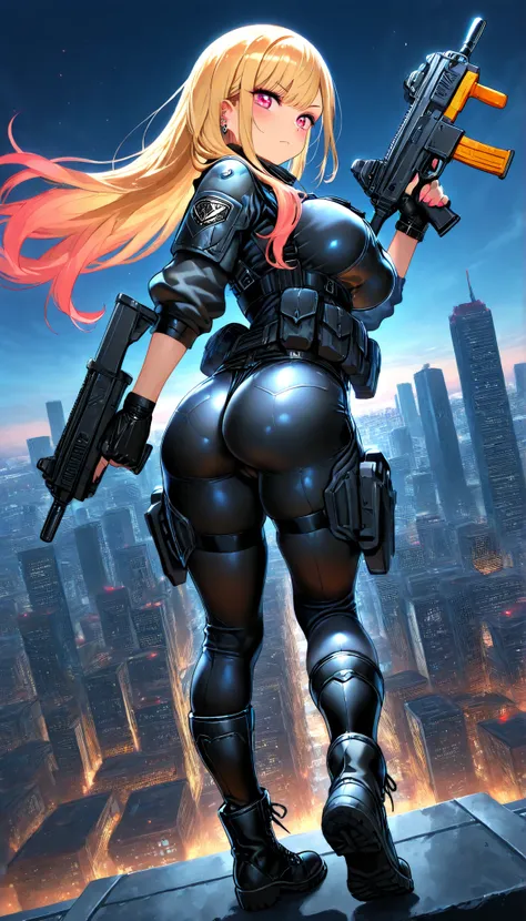 Super Detailed,1girl,Marin Kitagawa,((masterpiece)),(Top quality),(high resolution),16 kg,(tight clothes),I'm wearing tactical clothes,Tactical Belts,kneepads,boots,black shorts,Big breasted body ,big breasts and beautiful buttocks,Ultimate Cute Girl,foot,...