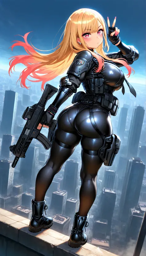 Super Detailed,1girl,Marin Kitagawa,((masterpiece)),(Top quality),(high resolution),16 kg,(tight clothes),I'm wearing tactical clothes,Tactical Belts,kneepads,boots,black shorts,Big breasted body ,big breasts and beautiful buttocks,Ultimate Cute Girl,foot,...