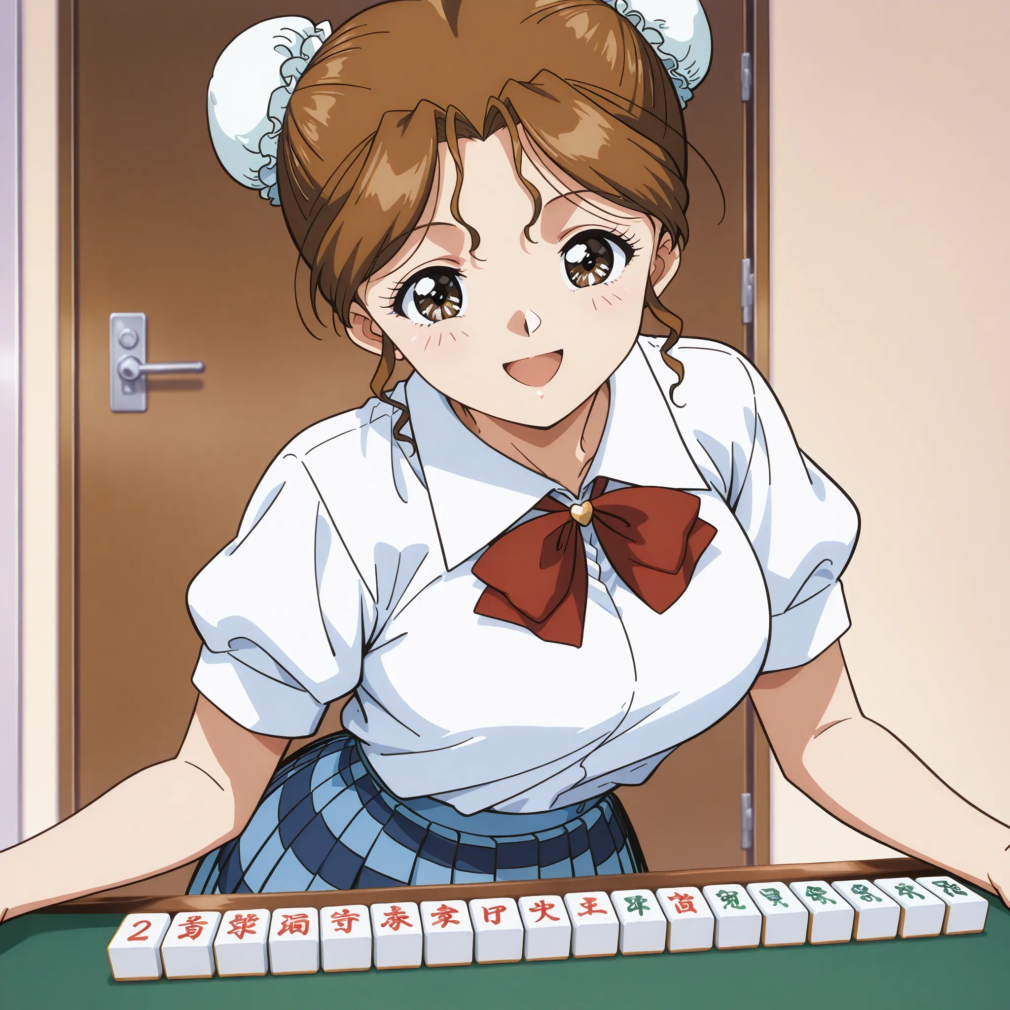 1girl,solo,masterpiece,best quality,general,sr5_akira,retro artstyle, brown eyes, brown hair, bun cover, school uniform,  white shirt, collared shirt, blue skirt, plaid skirt,mahjong, mahjong table, mahjong tiles,smile,joyful,happy smile