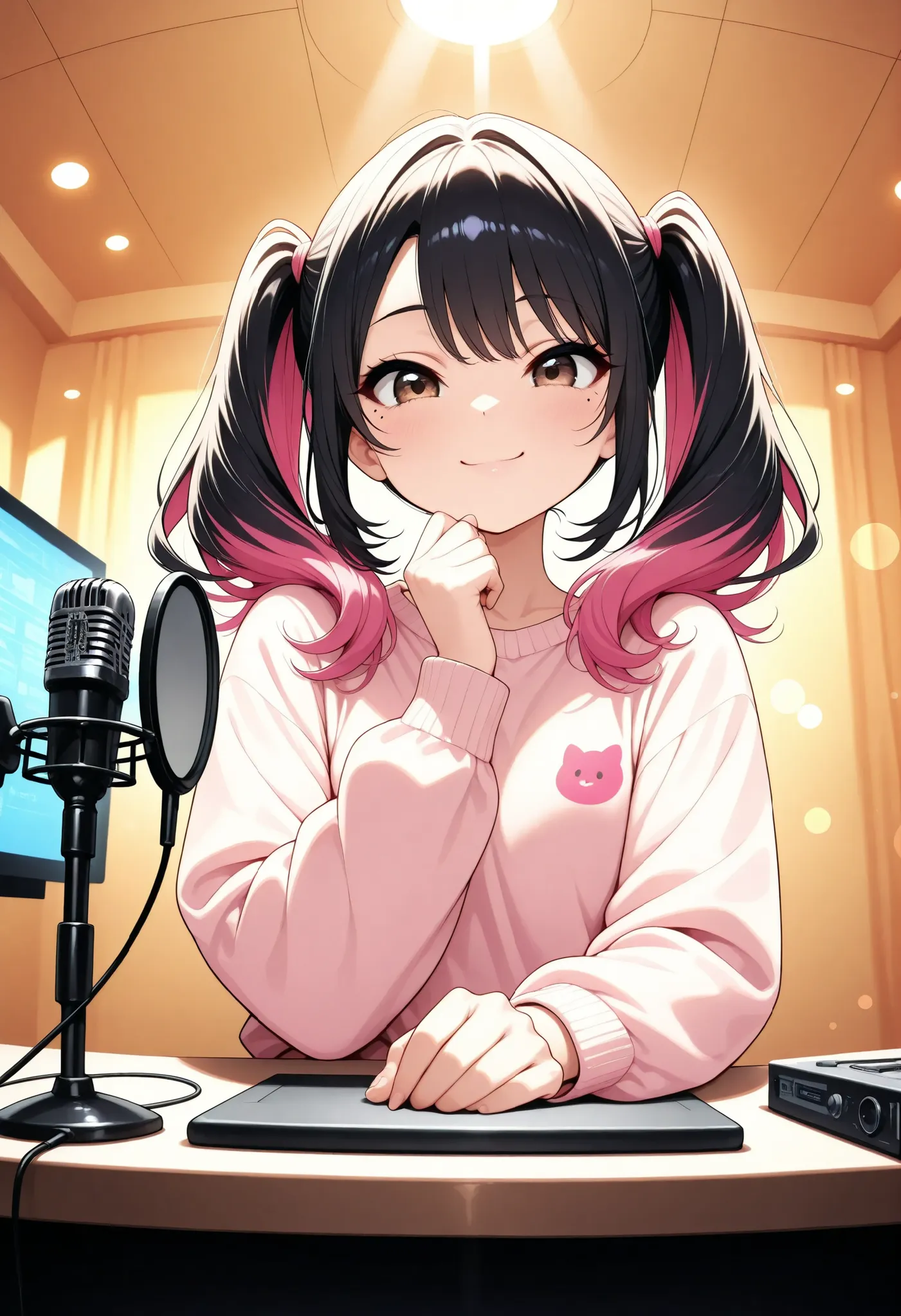 high quality, super definition, 4K rendering, Podcast, radio broadcast booth with headphone, microphone, Studio Lighting, photographic realism, colorful, bokeh, wide angle, Engaging Composition, Expert Shooting, Immersive, Delicate Details, Beautiful skin,...