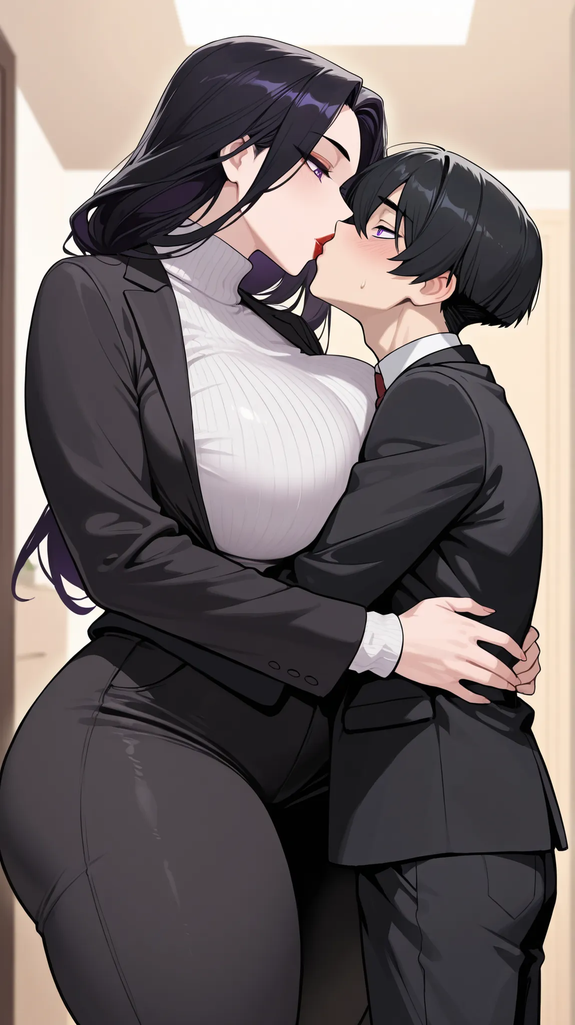 1boy1girl, 1 woman, Purple eyes, Almond-Shaped eyes, black pants, black blazer, neck height sweater, raven hair, long hair, black hair, red lips, Tall, thick thighs, big breasts, mature face, Big sister's vibes, 1 boy, male hugging female, taller female, ...