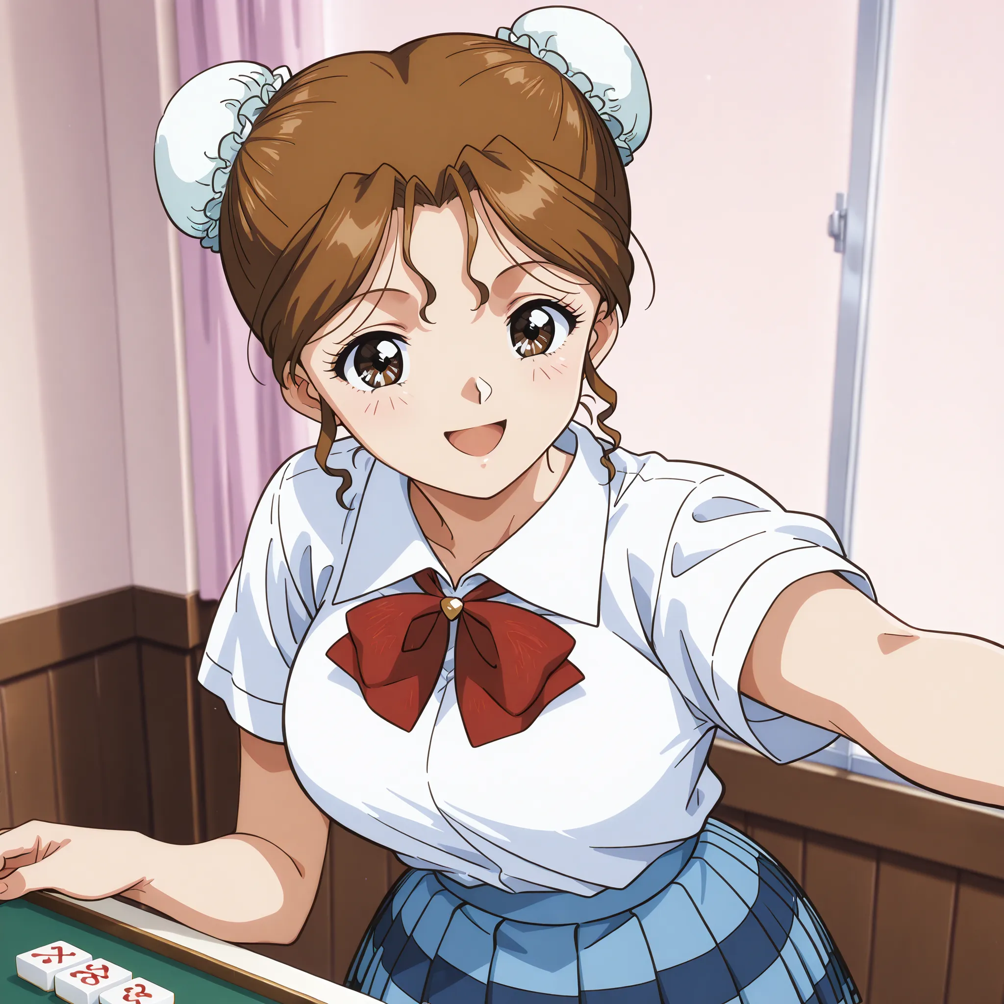 1girl,solo,masterpiece,best quality,general,sr5_akira,retro artstyle, brown eyes, brown hair, bun cover, school uniform,  white shirt, collared shirt, blue skirt, plaid skirt,mahjong, mahjong table, mahjong tiles,smile,joyful,happy smile