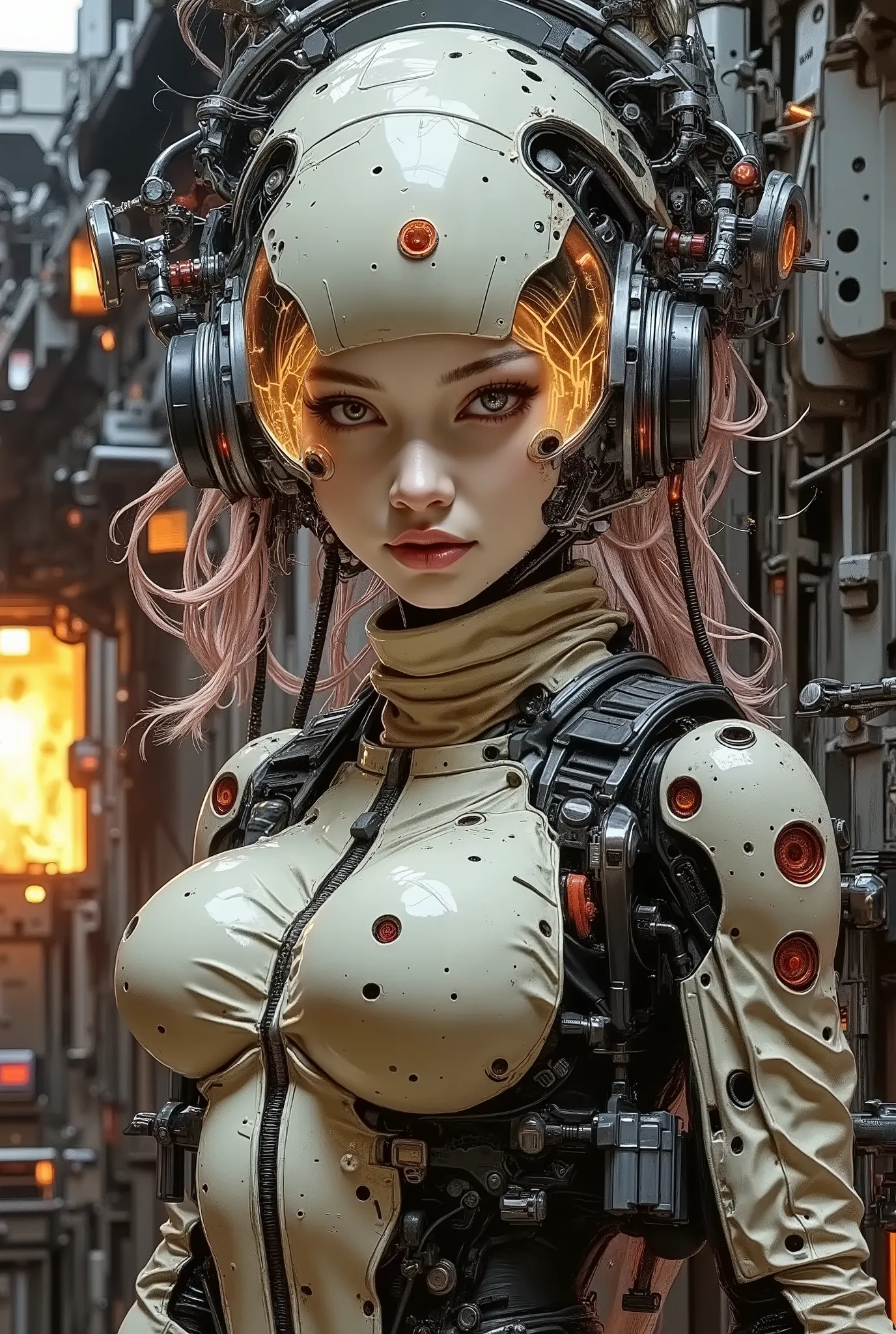 A sci-fi mech pilot broadcasting war updates from a battle-scarred command pod, sparks flying, dramatic lighting, robotic gear and mechanical interface around her, intense expression — futuristic war correspondent, cyberpunk anime, high-tech aesthetic