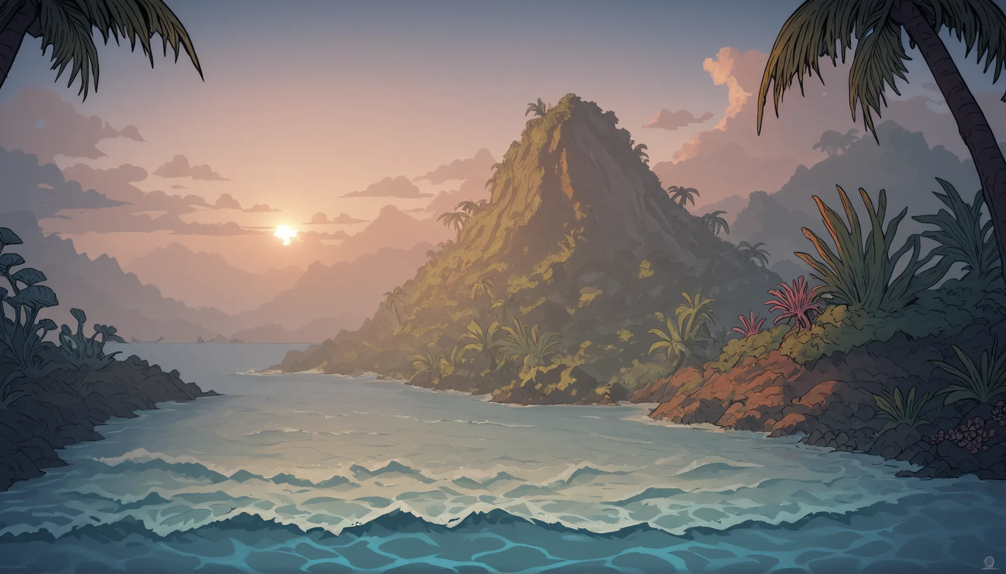 Trending. Masterpiece. from down perspective. ocean 75%. island silhouette 25% in blue ocean. view from immersive sea. view from ship in the ocean. fantasy island, fantasy painting, detailed island in ocean, deep navy sea surrounding the wild island, fanta...