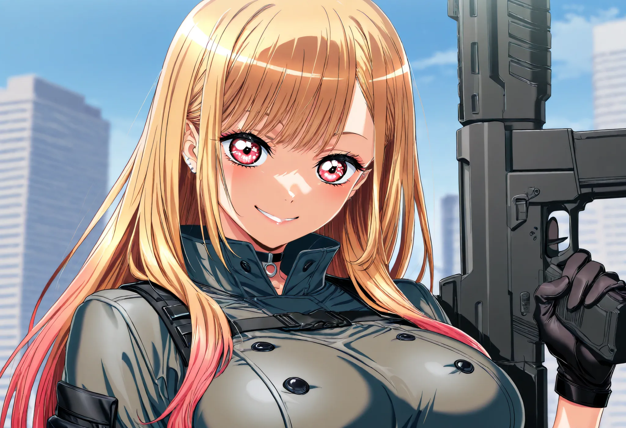 (Yokota Mamoru style),masterpiece, Top quality, Newest, high resolution, 1 girl,stare at the viewers,Charming smile,(portrait :1.uper Detailed,1girl,Marin Kitagawa,((masterpiece)),(Top quality),(high resolution),16 kg,(tight clothes),I'm wearing tactical c...