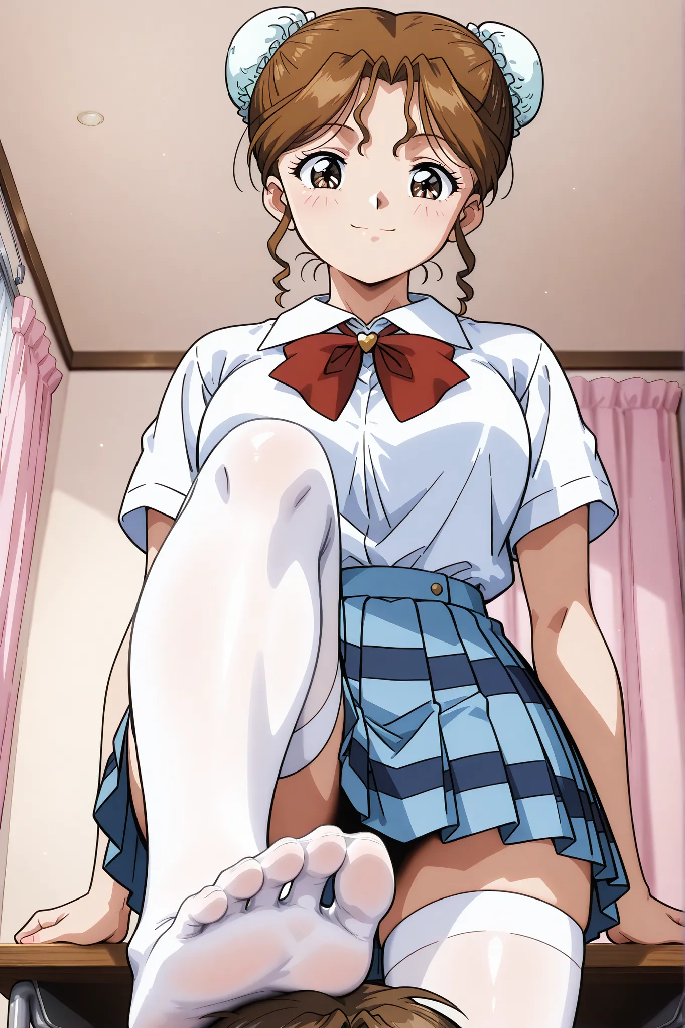 1girl,solo,masterpiece,best quality,general,sr5_akira,retro artstyle, brown eyes, brown hair, bun cover, school uniform, white shirt, collared shirt, blue skirt, plaid skirt,white thighhighs,cool smile,bedroom,foot focus,soles of the feet,stepped on a hea...