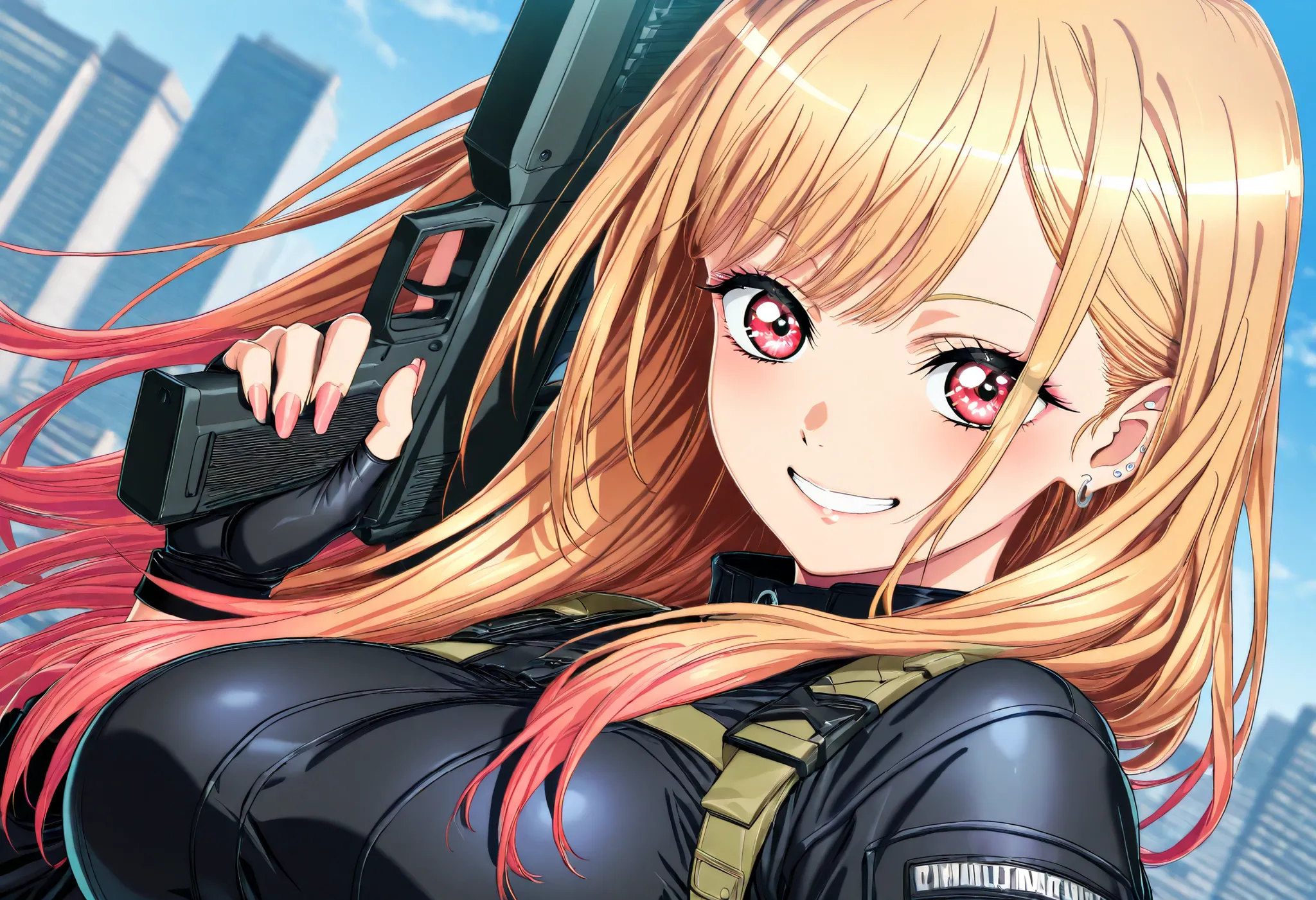 (Yokota Mamoru style),masterpiece, Top quality, Newest, high resolution, 1 girl,stare at the viewers,Charming smile,(portrait :1.uper Detailed,1girl,Marin Kitagawa,((masterpiece)),(Top quality),(high resolution),16 kg,(tight clothes),I'm wearing tactical c...