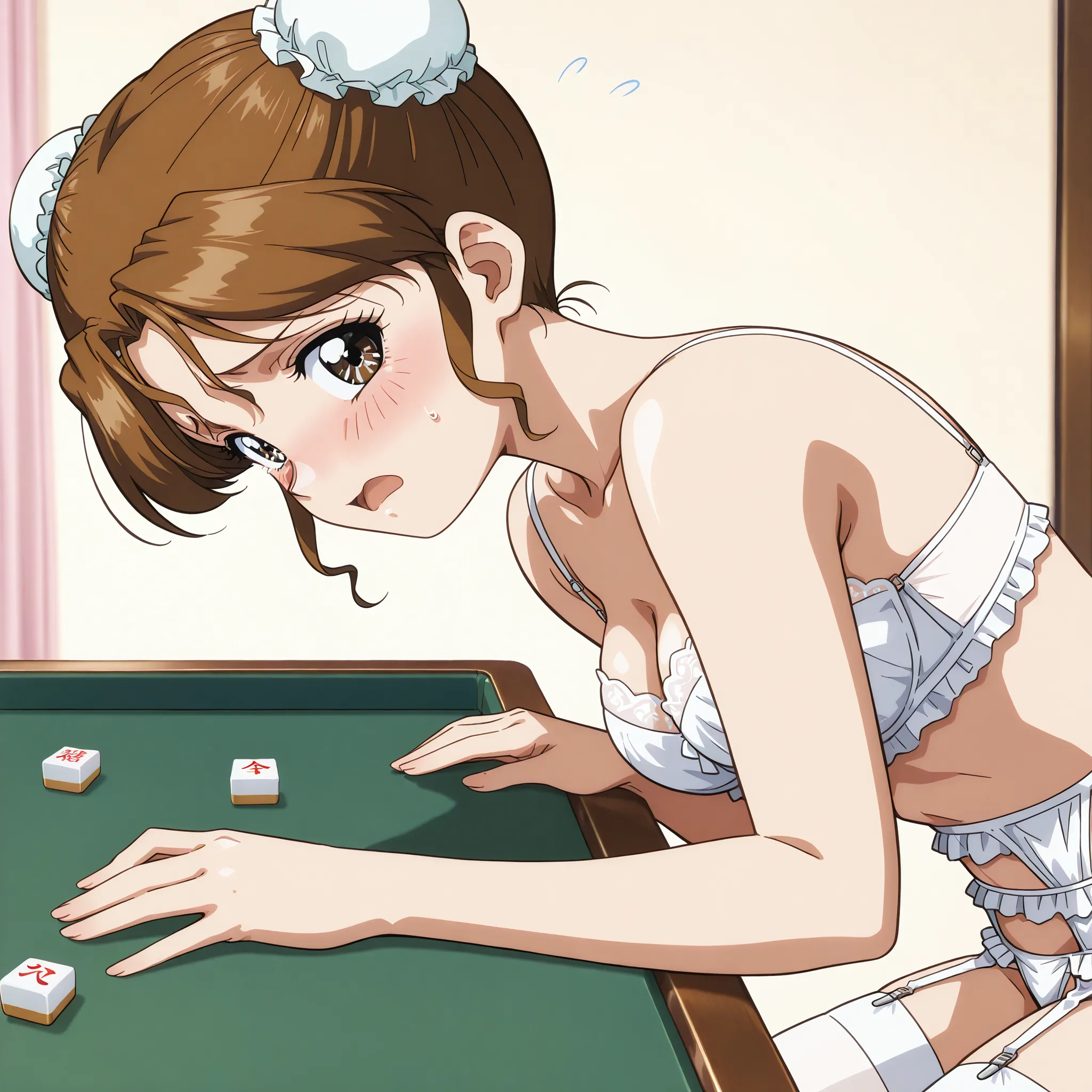 1girl,solo,masterpiece,best quality,general,sr5_akira,retro artstyle, brown eyes, brown hair, bun cover, underwear, lingerie, white bra, panties, white panties, garter belt, white thighhighs,from side,whole body,embarrassed,blush,shy,open mouth,mahjong, ma...