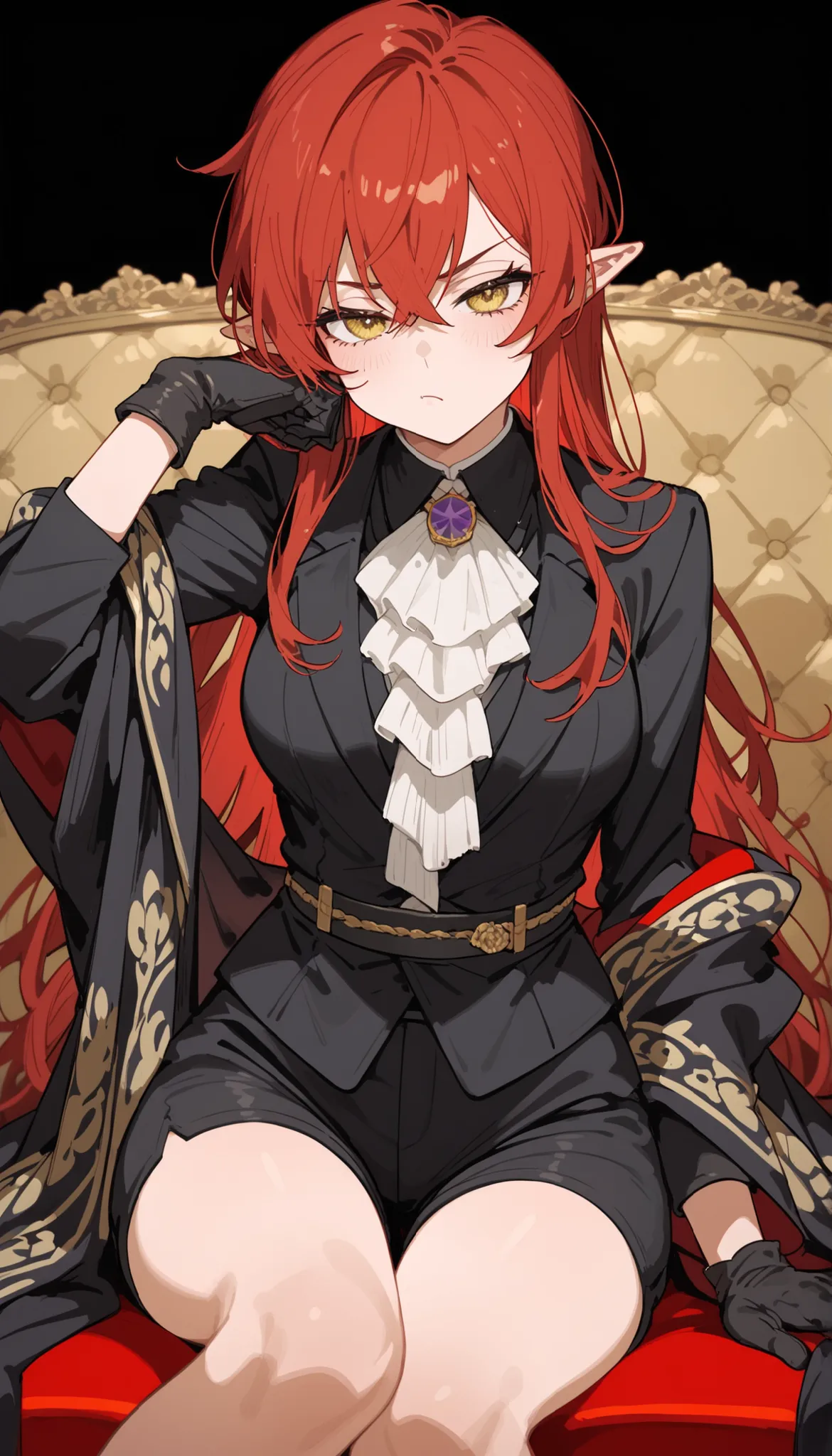 ,red hair,in yellow eyes,cute,Milf,,tomboy,Pointed ears,Fierce face,black vest with long sleeves,Sitting on a golden sofa,bored,black background, pattern,shorts,mafia,long hair,Black suit,slim,Shawl kimono, wear gloves, Kabuki costume,Long Sleeve