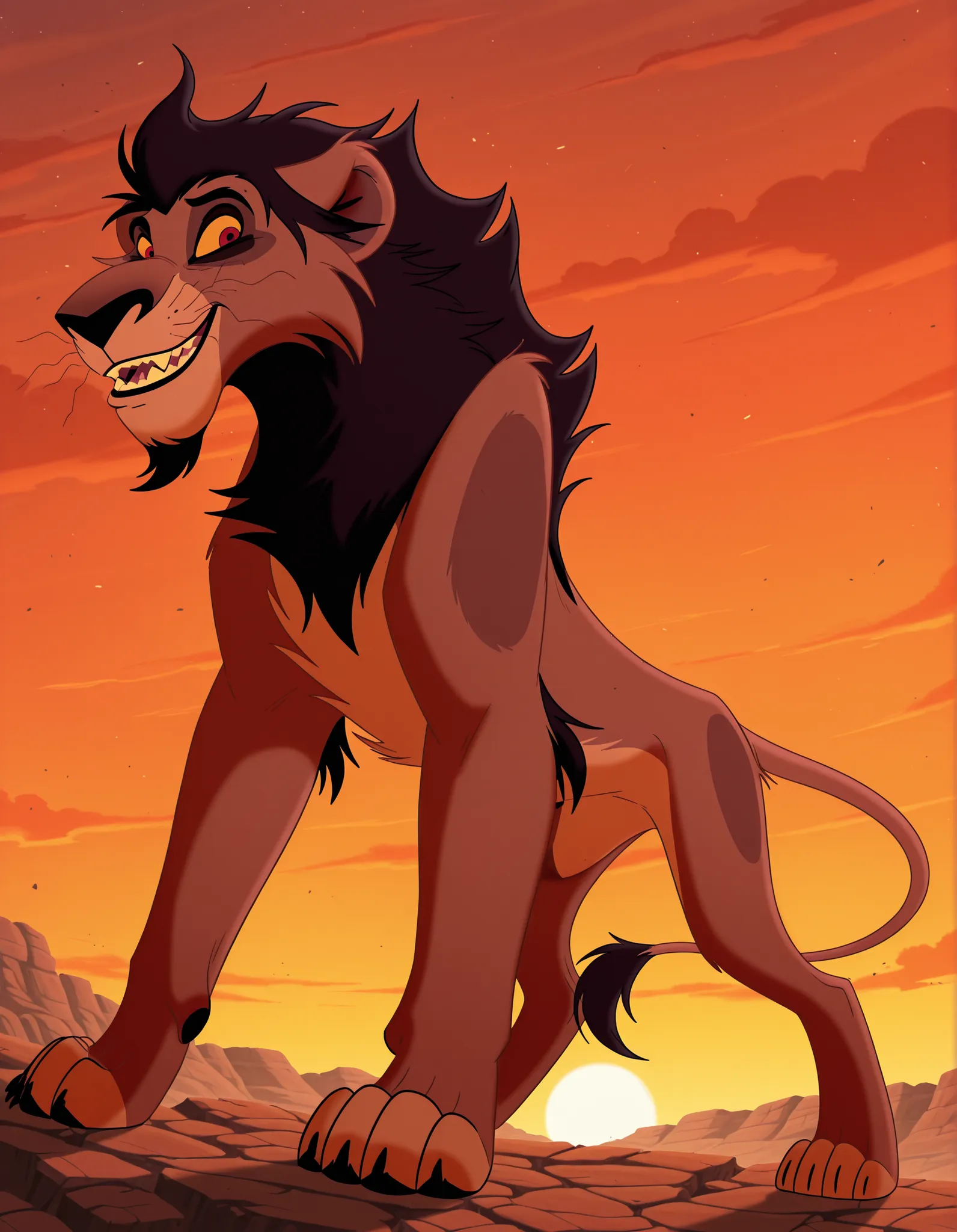 dark circles around eyes, red eyes, male, black hair, orange sclera, Nuka, Lion, brown body, furry, skinny body, full body