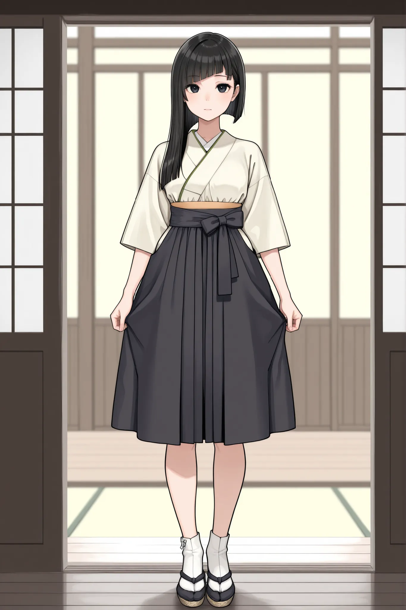 (Masterpiece), (detailed), (high res), (best quality), slim japanese peasant girl, black square haircut and long haircut, black eyes, tokugawa Japanese female peasant outfit, peasant girl at Japanese Tokugawa rural village, full body shown