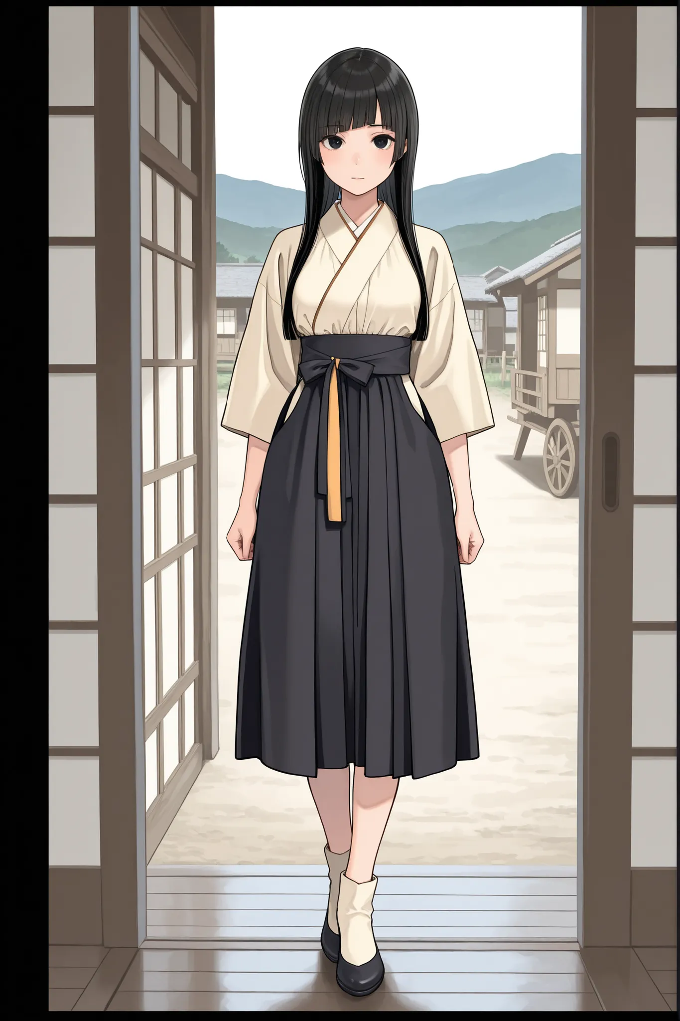 (Masterpiece), (detailed), (high res), (best quality), slim japanese peasant girl, black square haircut and long haircut, black eyes, tokugawa Japanese female peasant outfit, peasant girl at Japanese Tokugawa rural village, full body shown