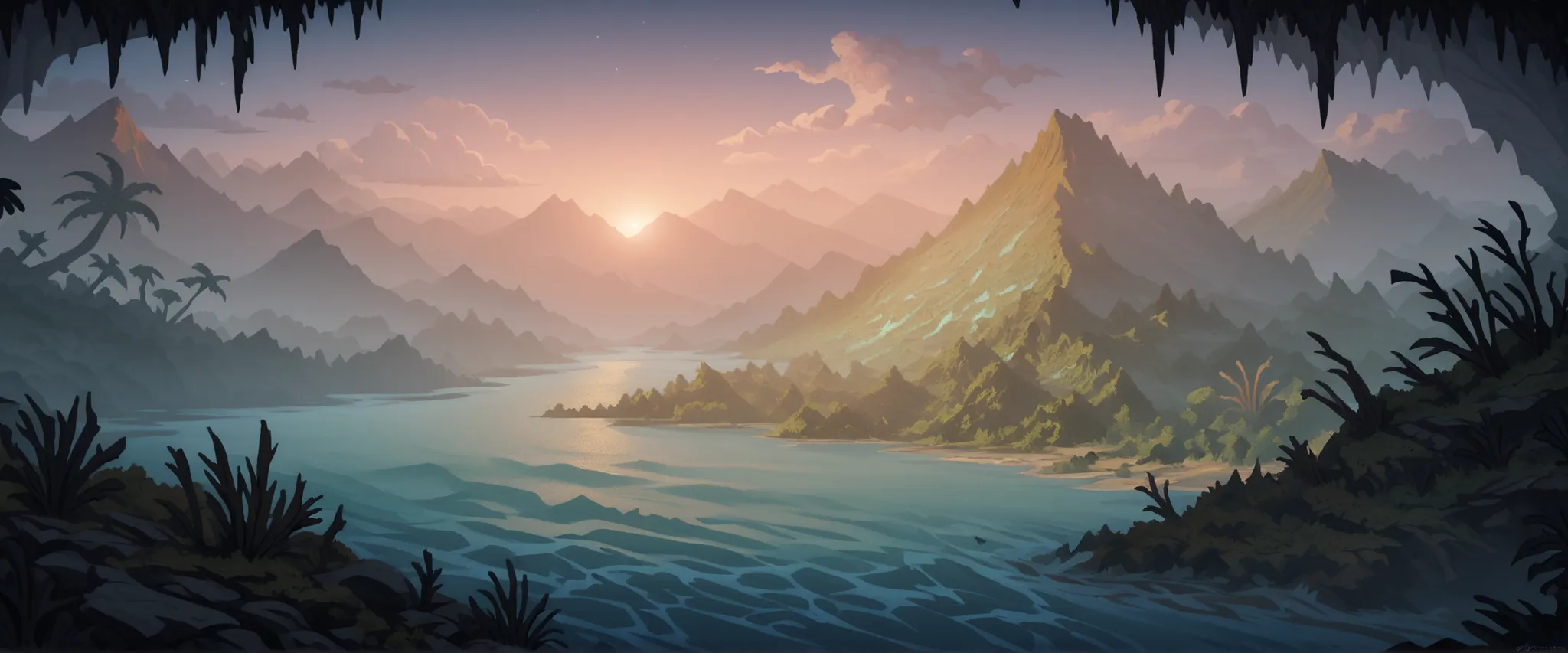 Trending. Masterpiece. from down-up perspective. looking up. Darkest dungeon style. ocean 75%. island silhouette 25% in blue ocean. view from immersive sea. view from ship in the ocean. fantasy island, fantasy painting, detailed island in ocean, deep navy ...