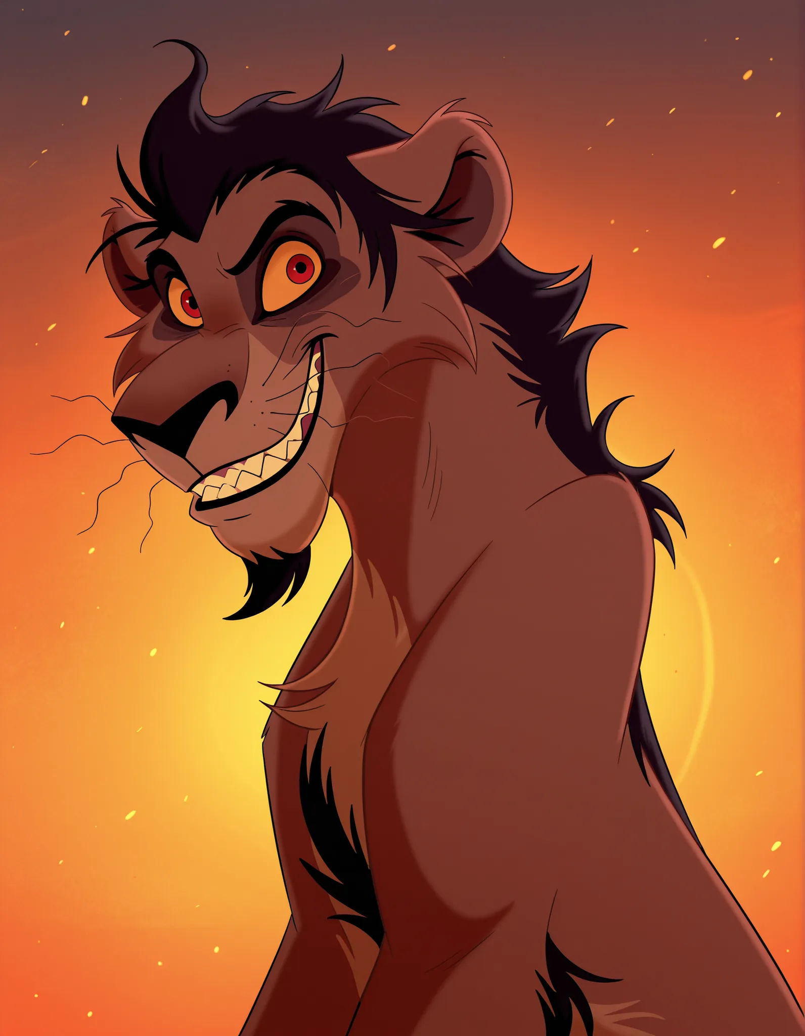 dark circles around eyes, red eyes, male, black hair, orange sclera, Nuka, Lion, brown body, furry, skinny body