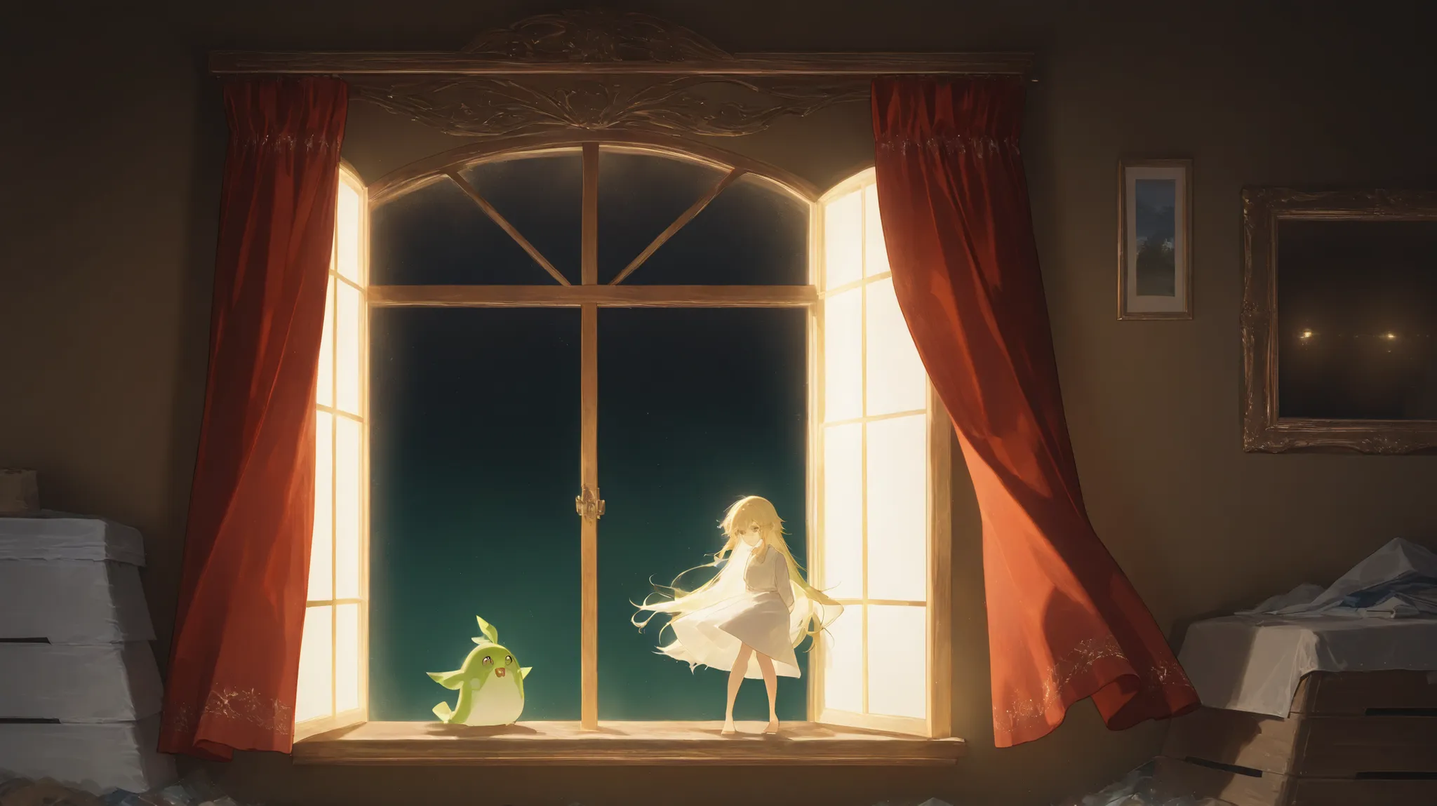Outside the windowの景色,window frame,Dirty storeroom window , cluttered,I' I'm going to open the window now and do a general cleaning ., Light shines through the window into the dim room ,halation,beautiful light and shadow, tyndall effect ,Dusky Backgro...