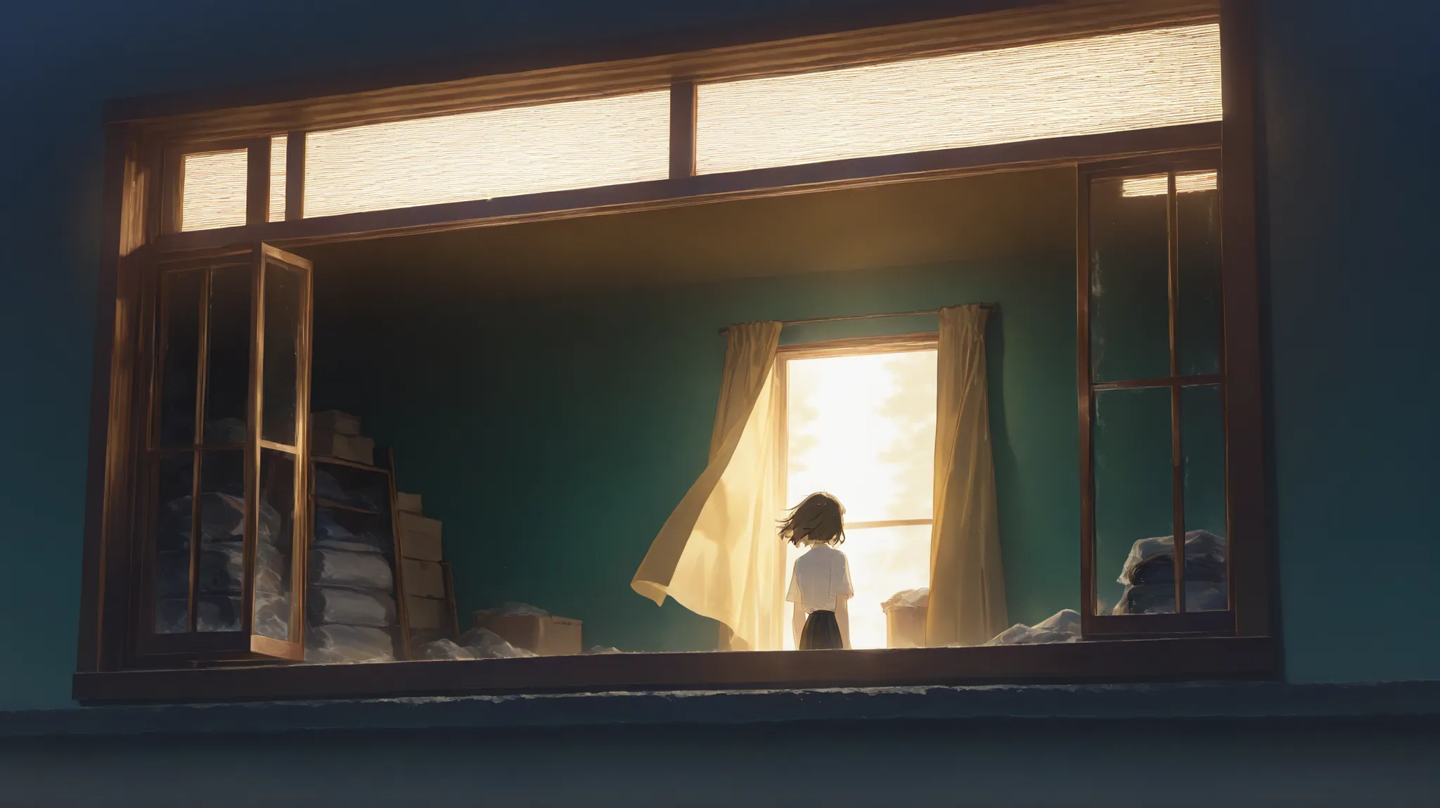 Outside the windowの景色,window frame,Dirty storeroom window , cluttered,I' I'm going to open the window now and do a general cleaning ., Light shines through the window into the dim room ,halation,beautiful light and shadow, tyndall effect ,Dusky Backgro...