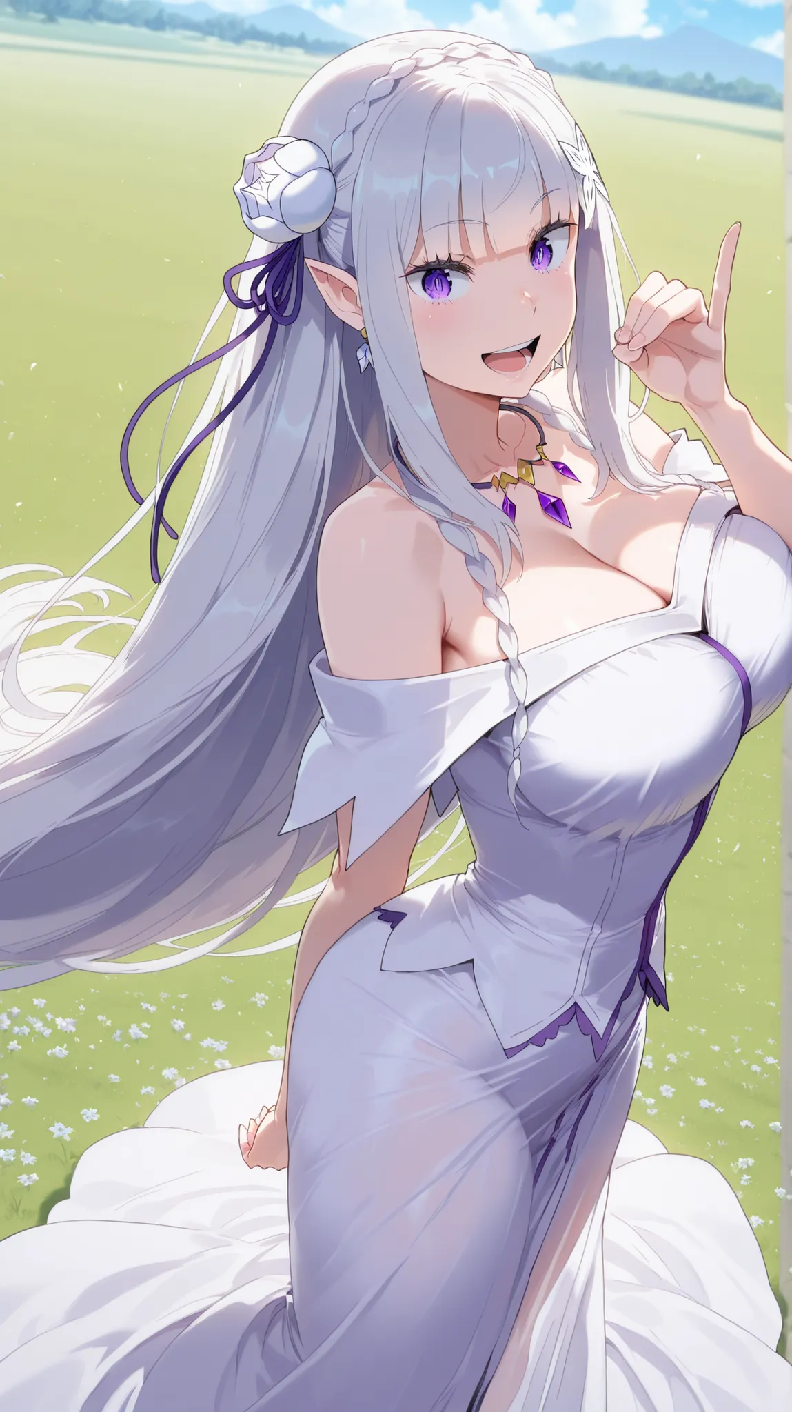 (masterpiece), UHD, detailed, emilia, emilia (re:zero), braid, crown braid, flower, hair flower, hair ornament, hair ribbon, long hair, pointy ears, purple eyes, white hair, x hair ornament, mature female, breasts, anime screencap, dress, cleavage, bare sh...