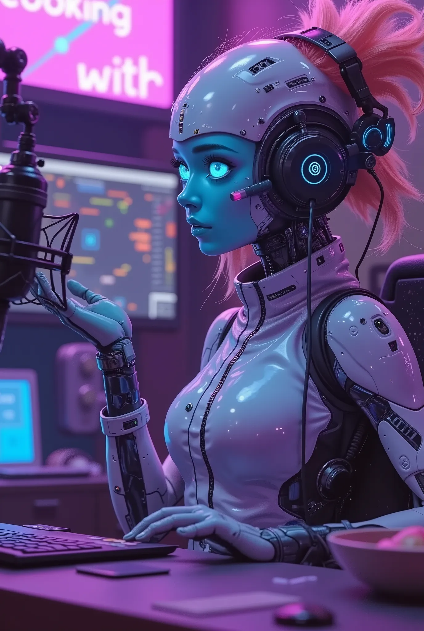 the first alien cooking podcast, a cyborg presenter wearing incredibly fantastic professional headphones, enthusiastically talks about another recipe in a sky-fi studio, a floating microphone for recording the podcast, a cyber-futuristic atmosphere, neon s...
