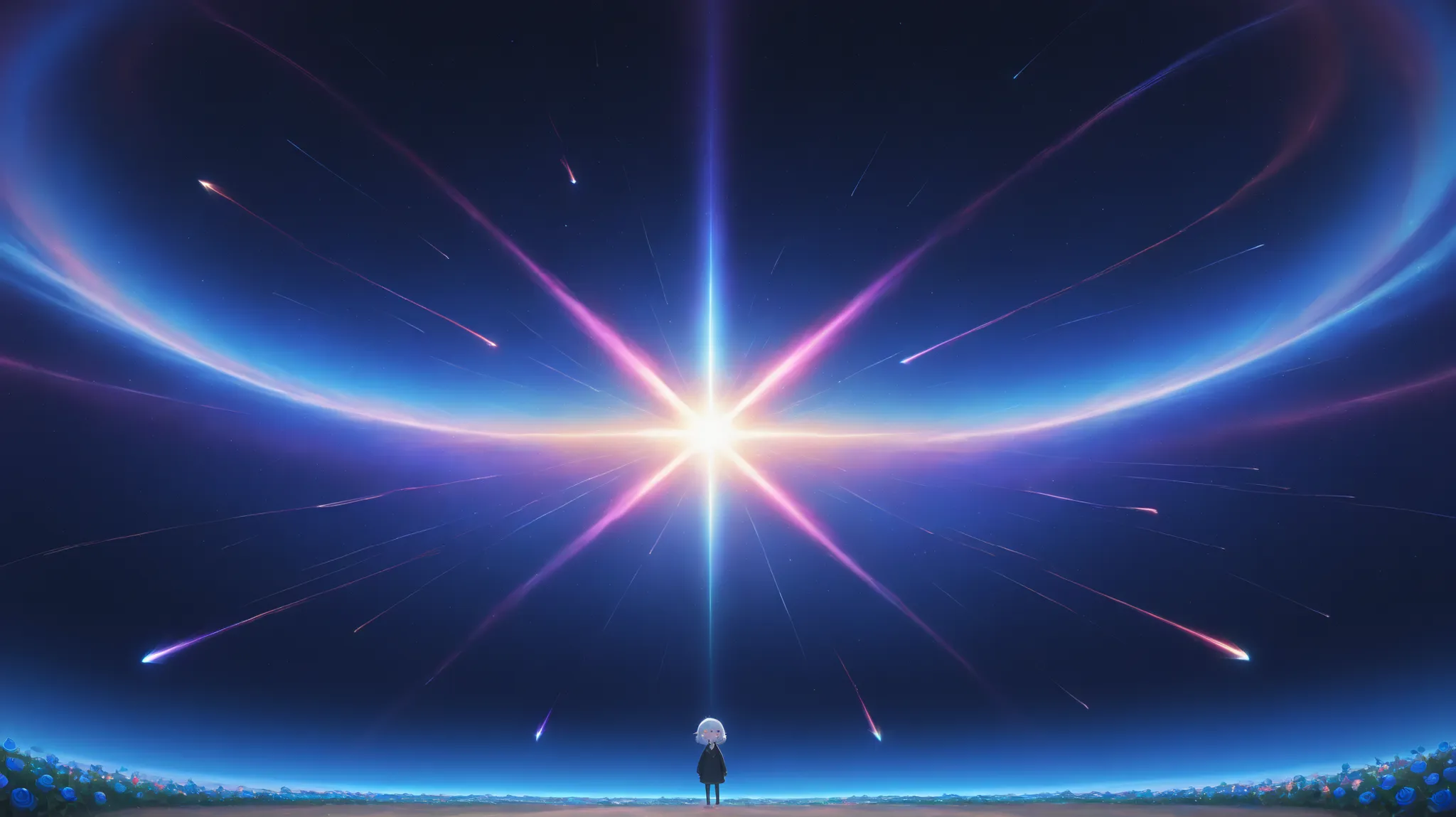 masterpiece, concept art, Panorama, In the center, shape, Wide Shot, garden, night, (meteor), space galaxy background , ( amazing composition , epic scale), Dynamic Lighting, bright color, Blue Rose ,Landscape Long Lashes, solid circle eyes, silver hair,...