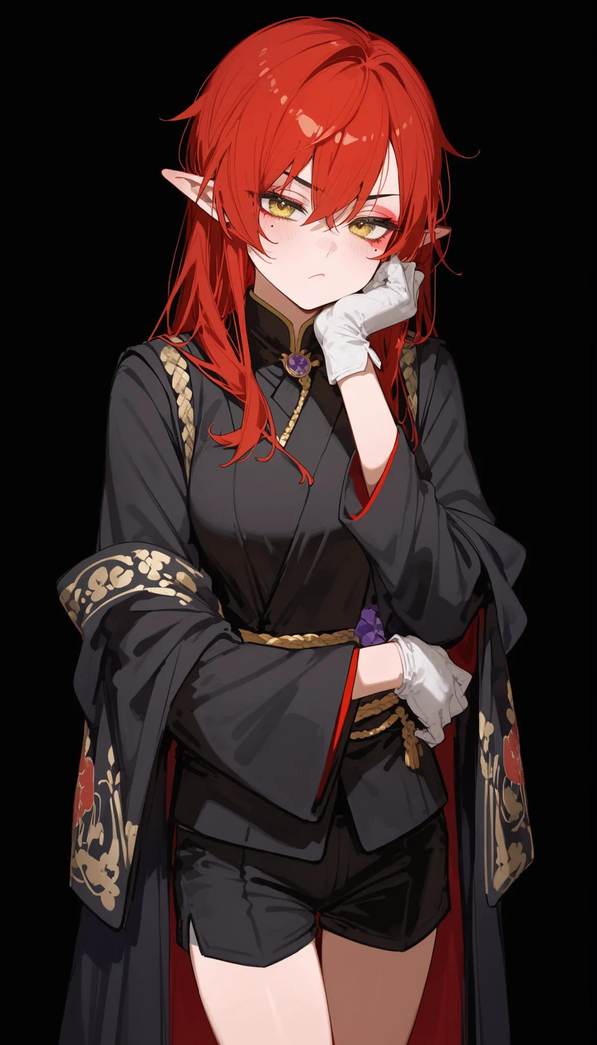 ,red hair,in yellow eyes,cute,Milf,,tomboy,Pointed ears,Fierce face,black vest with long sleeves,standing up,bored,black background, pattern,shorts,mafia,long hair,Black suit,slim,Shawl kimono, wear gloves, Kabuki costume,Long Sleeve,Kabuki Makeup,