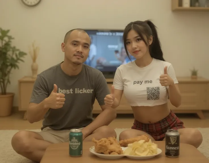 An Indonesian couple is sitting casually on a soft cream floor rug in a cozy minimalist living room. The Indonesian man, who has a slightly build—around 78 kg—with thinning hair that’s almost bald, is wearing a gray T-shirt with the words “Best Licker” and...