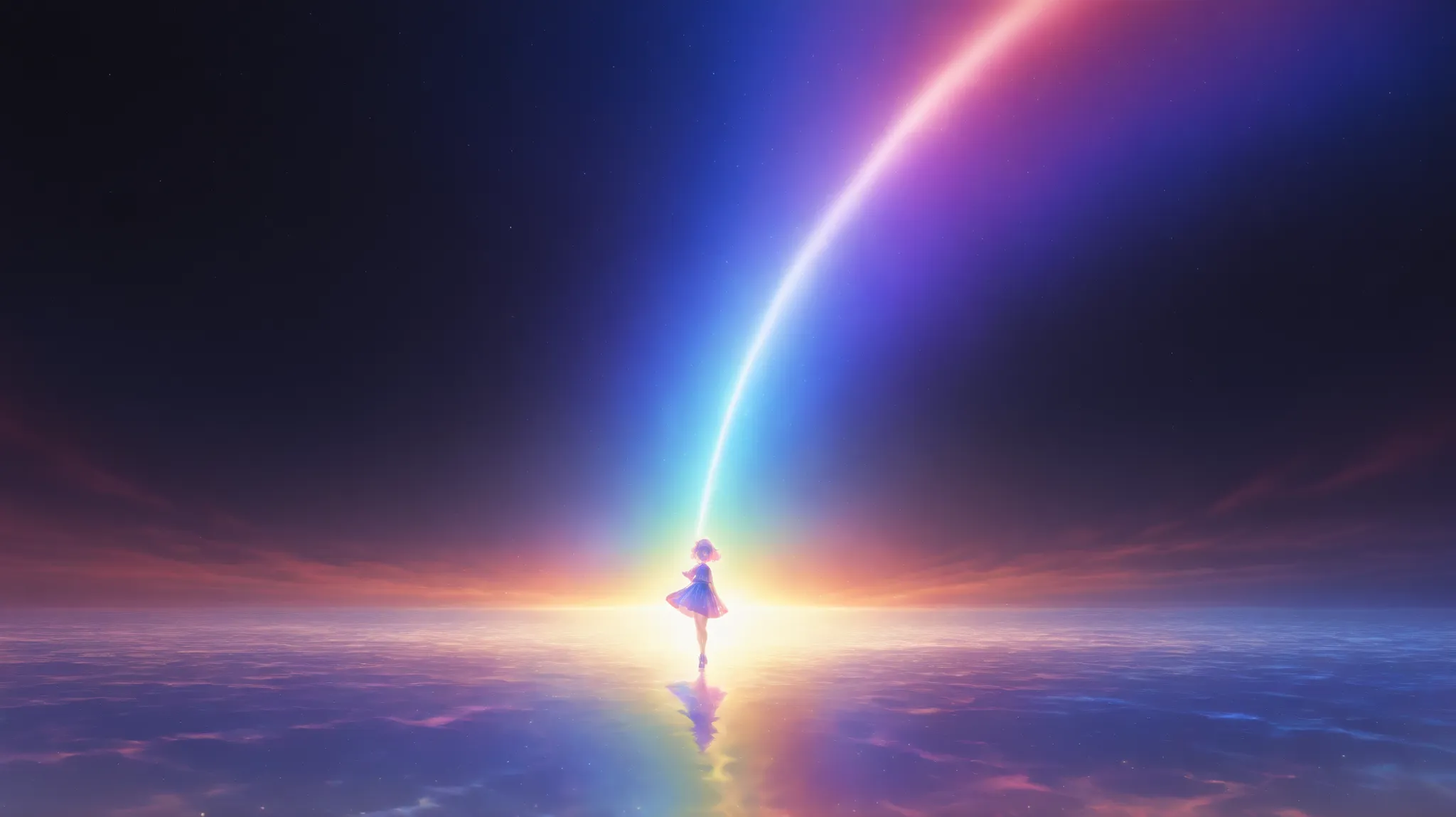 A huge and beautiful rainbow , seamless color transition , The final point of the gradation is colorless and transparent,Iridescent effect, Delicate and dynamic textures, Contrast Light and Dark, 2.5d, Conceptual Installation Art, artistic photography, Su...